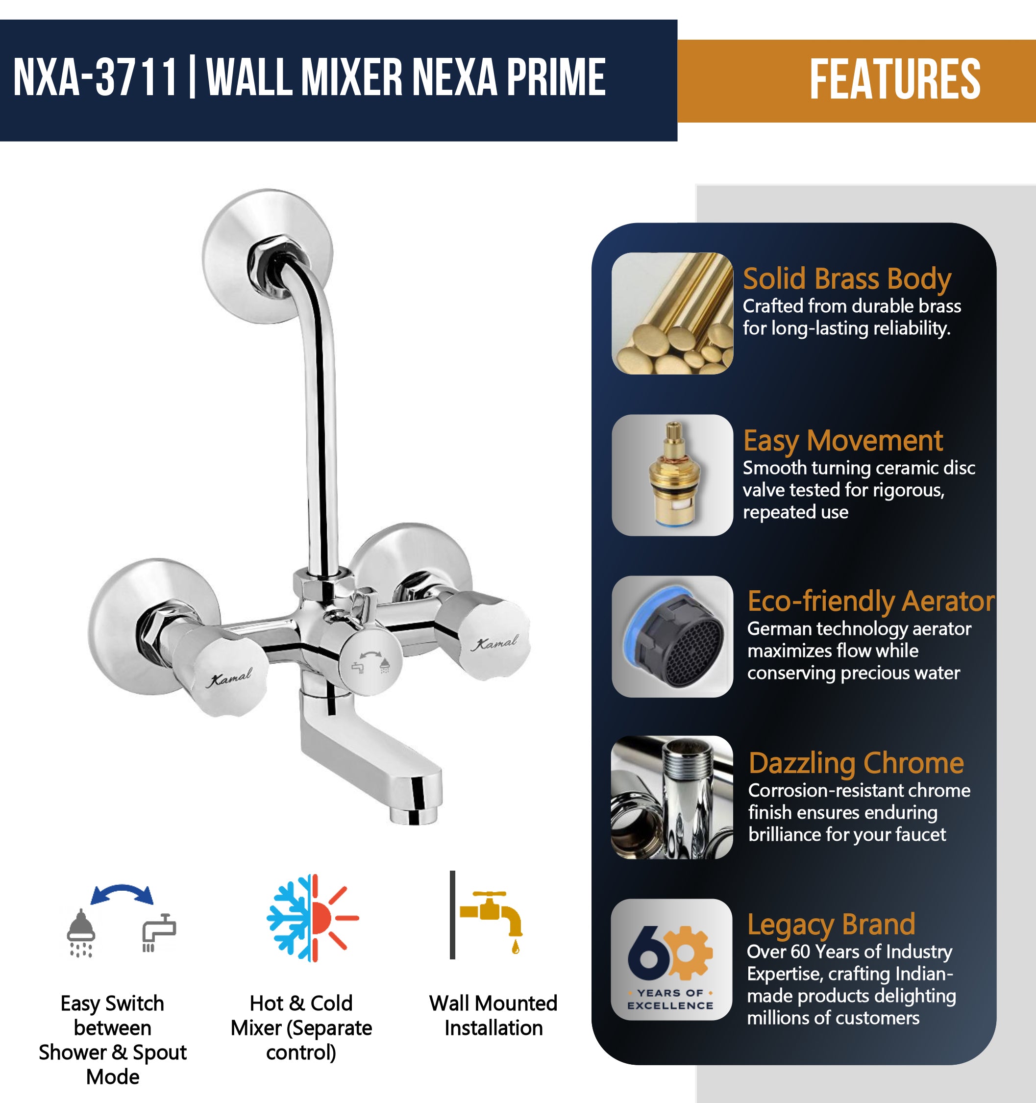 Nexa Prime Wall Mixer with L-Bend & Connecting Legs (Full Brass) - by Kamal
