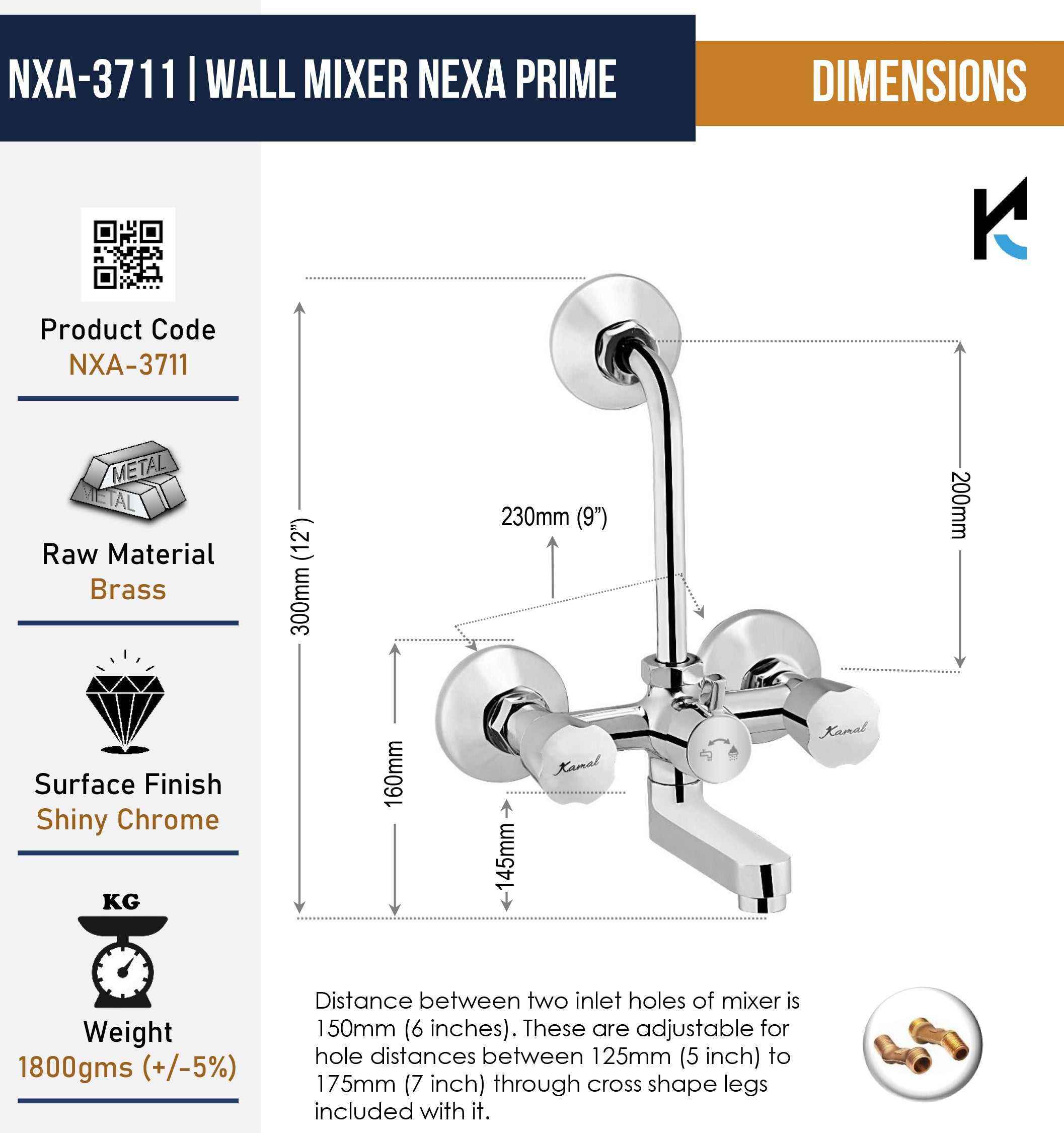 Nexa Prime Wall Mixer with L-Bend & Connecting Legs (Full Brass) - by Kamal