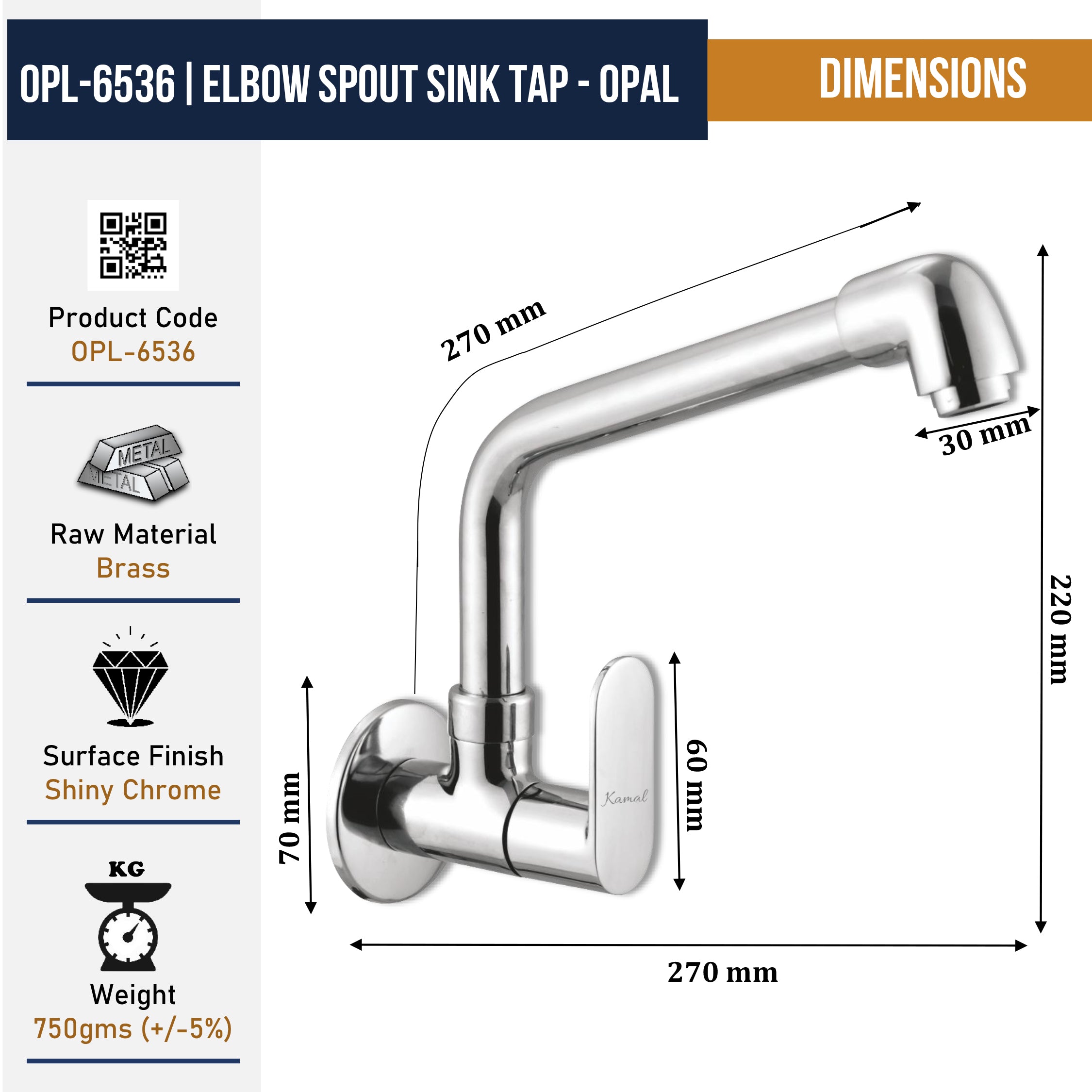 Opal Sink Tap Elbow Spout (Full Brass) - by Kamal