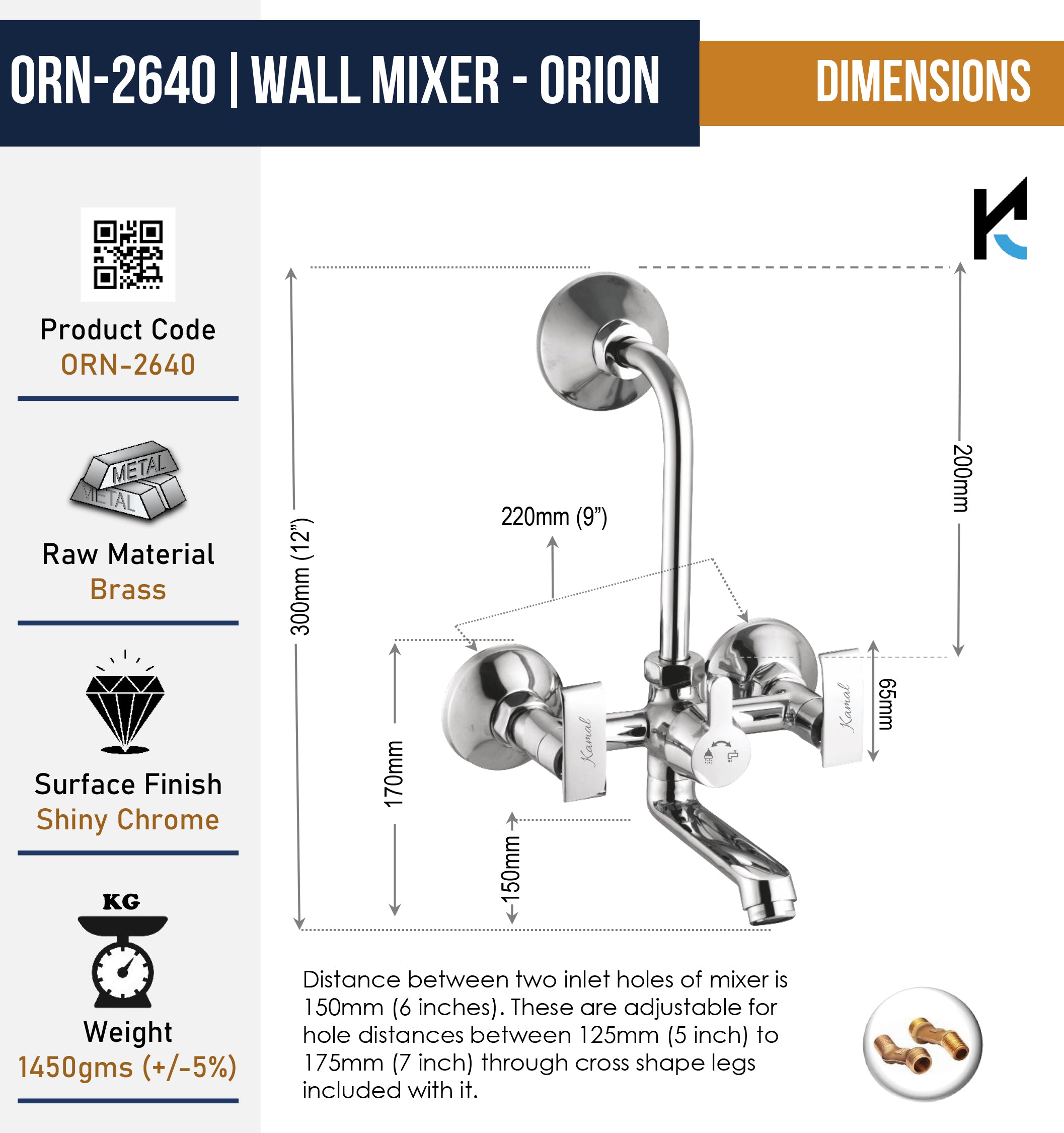 Orion Eco Wall Mixer Tap with Long L Bend Pipe (Full Brass) - by Kamal
