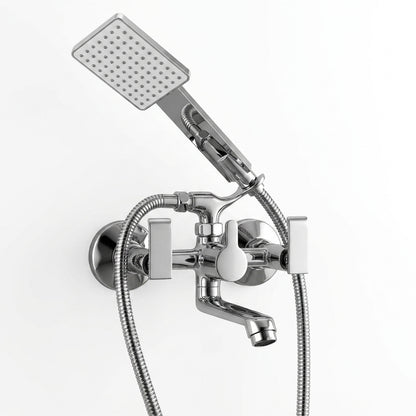 Orion wall mixer with 3-function hand shower in full brass by Kamal, mounted on bathroom wall with modern fixtures.
