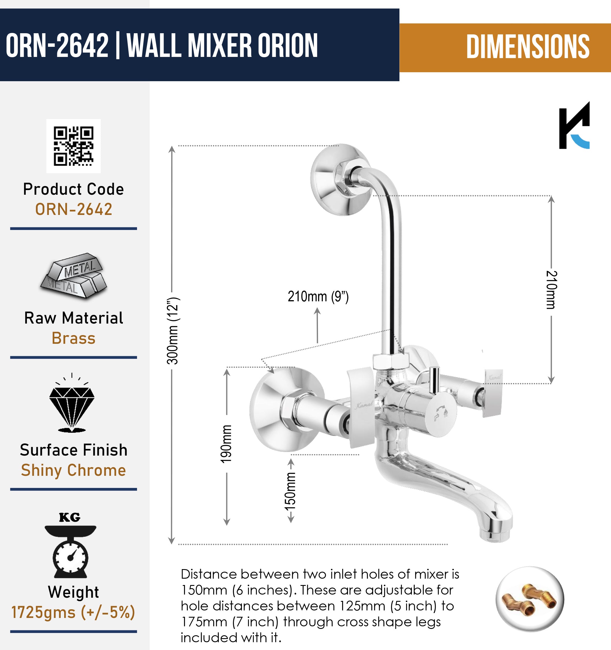 Orion Wall Mixer with L-Bend Pipe (Full Brass) - by Kamal