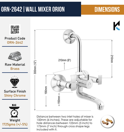 Orion Wall Mixer with L-Bend Pipe (Full Brass) - by Kamal