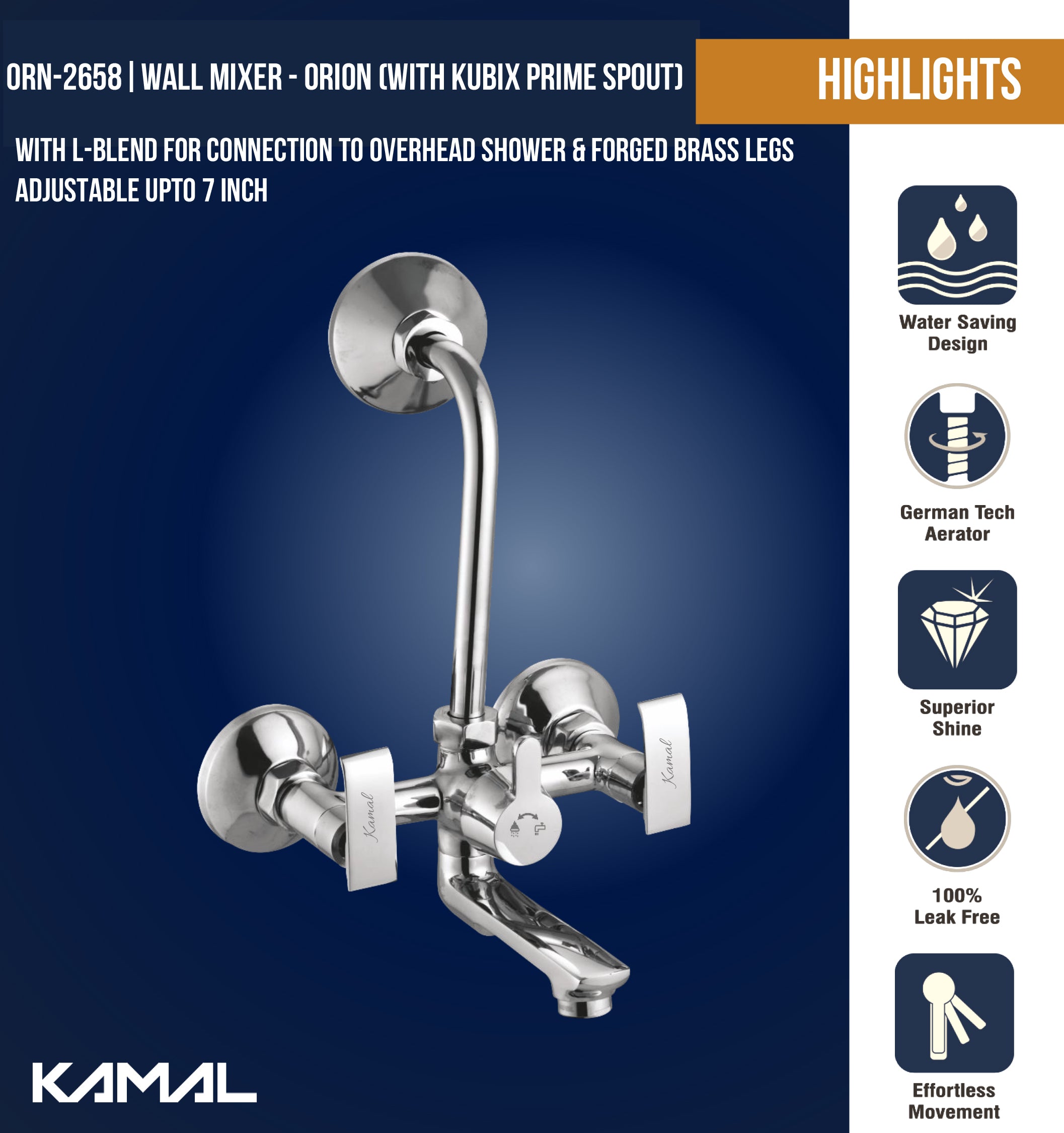 Orion Wall Mixer Kubix Prime Spout Long L Bend Pipe (Full Brass) - by Kamal