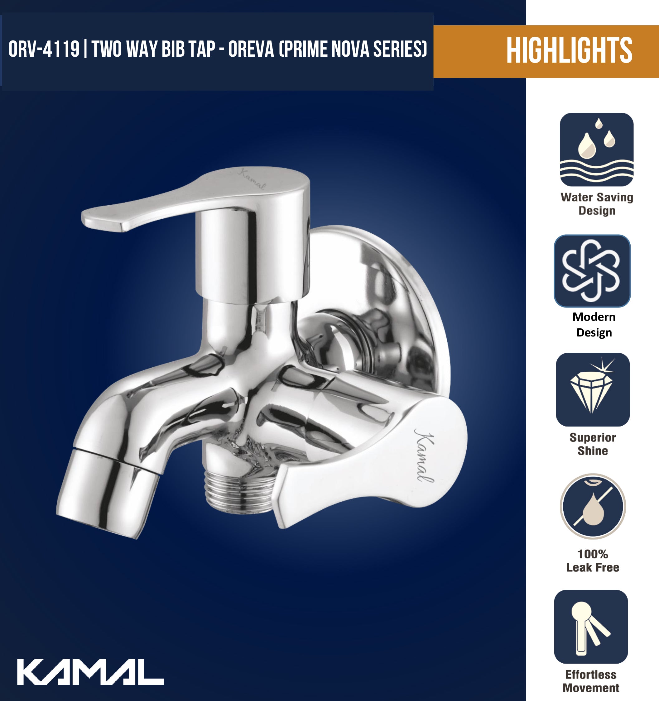 Oreva Prime Nova Series Two Way Bib Tap (Full Brass) - by Kamal