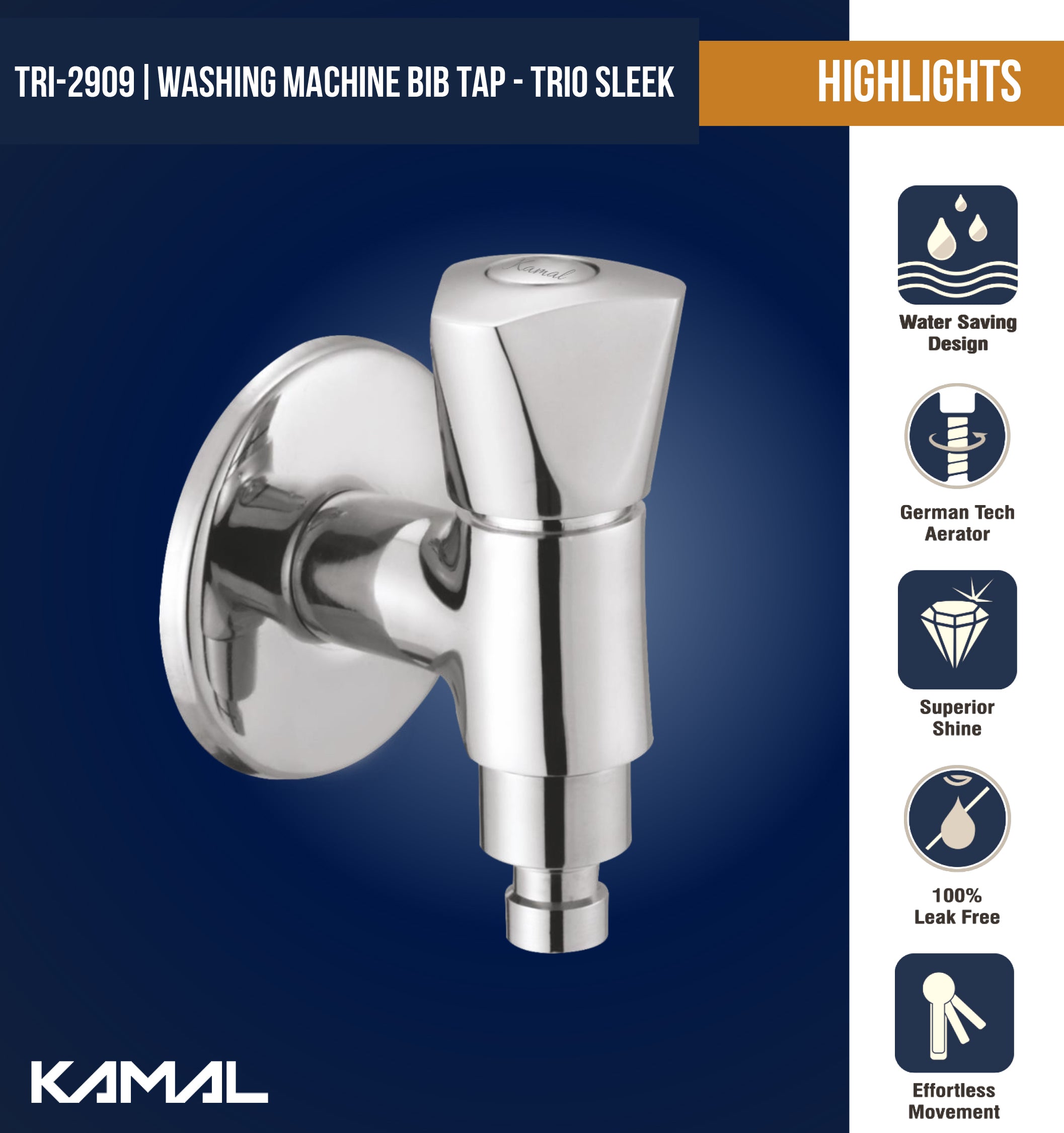 Trio Sleek Washing Machine Bib Tap (Full Brass) - by Kamal