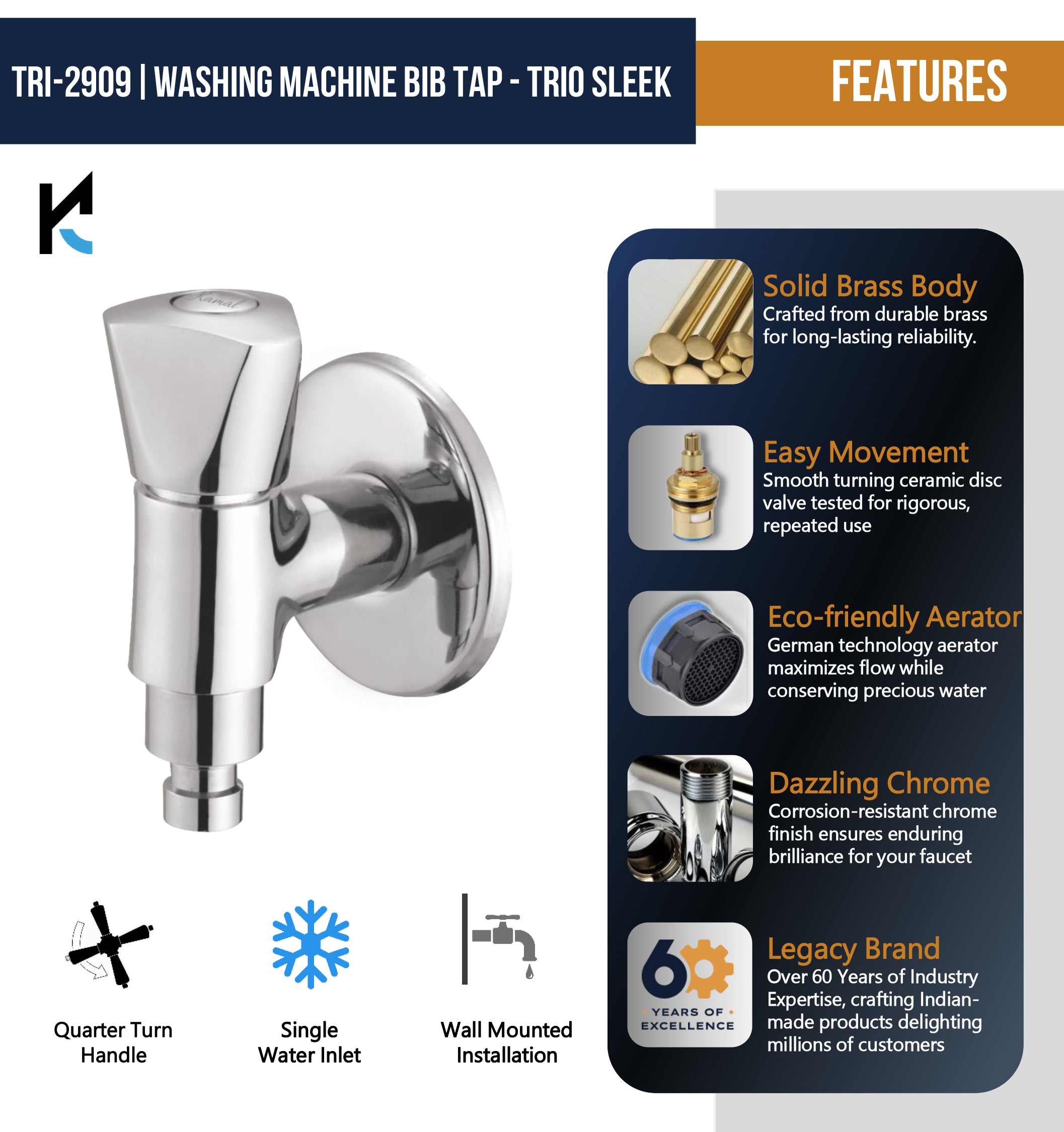 Trio Sleek Washing Machine Bib Tap (Full Brass) - by Kamal
