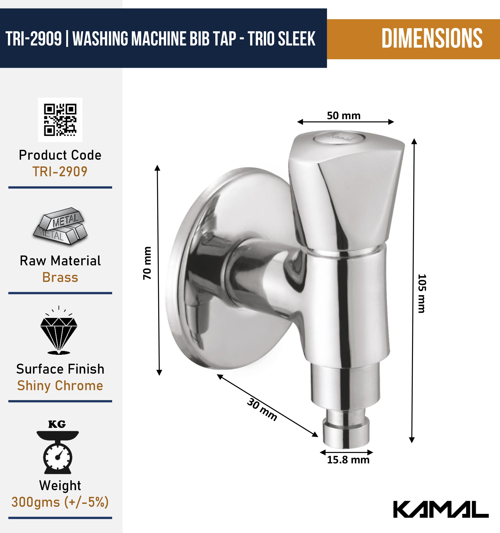 Trio Sleek Washing Machine Bib Tap (Full Brass) - by Kamal