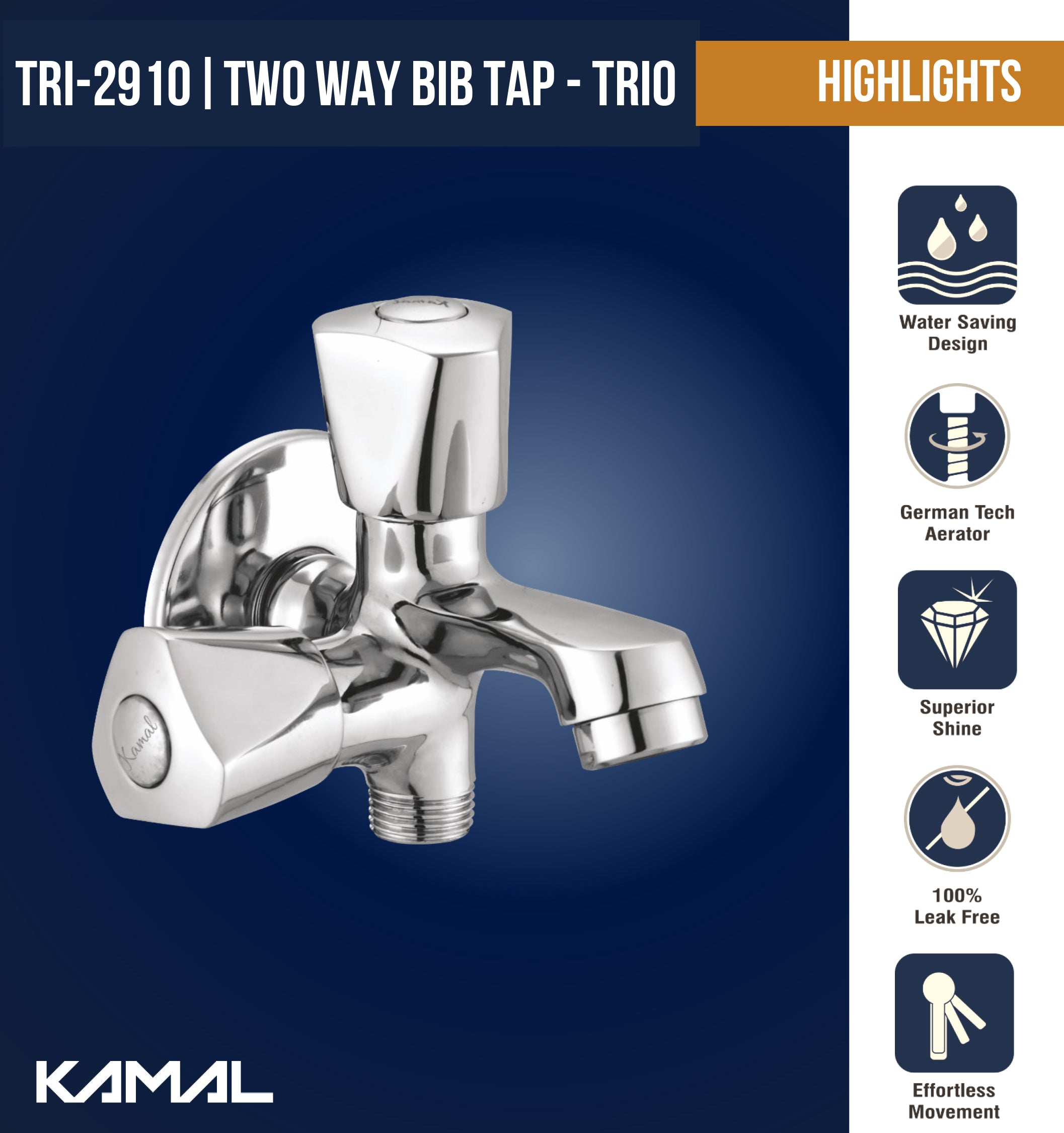 Trio Two in One Bib Tap (Full Brass) - by Kamal