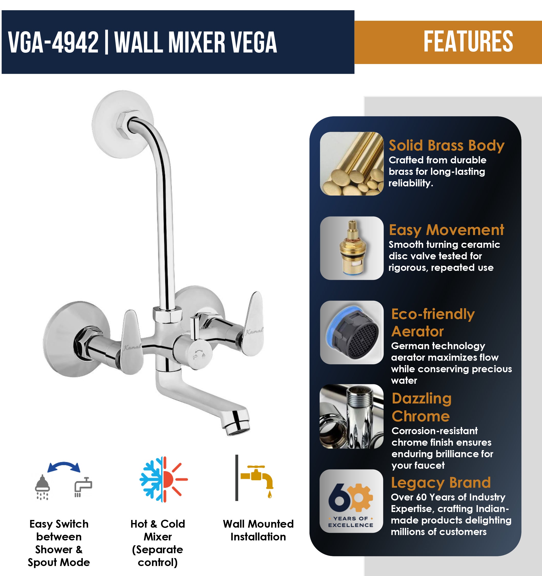 Vega Wall Mixer with L Bend Pipe (Full Brass) - by Kamal