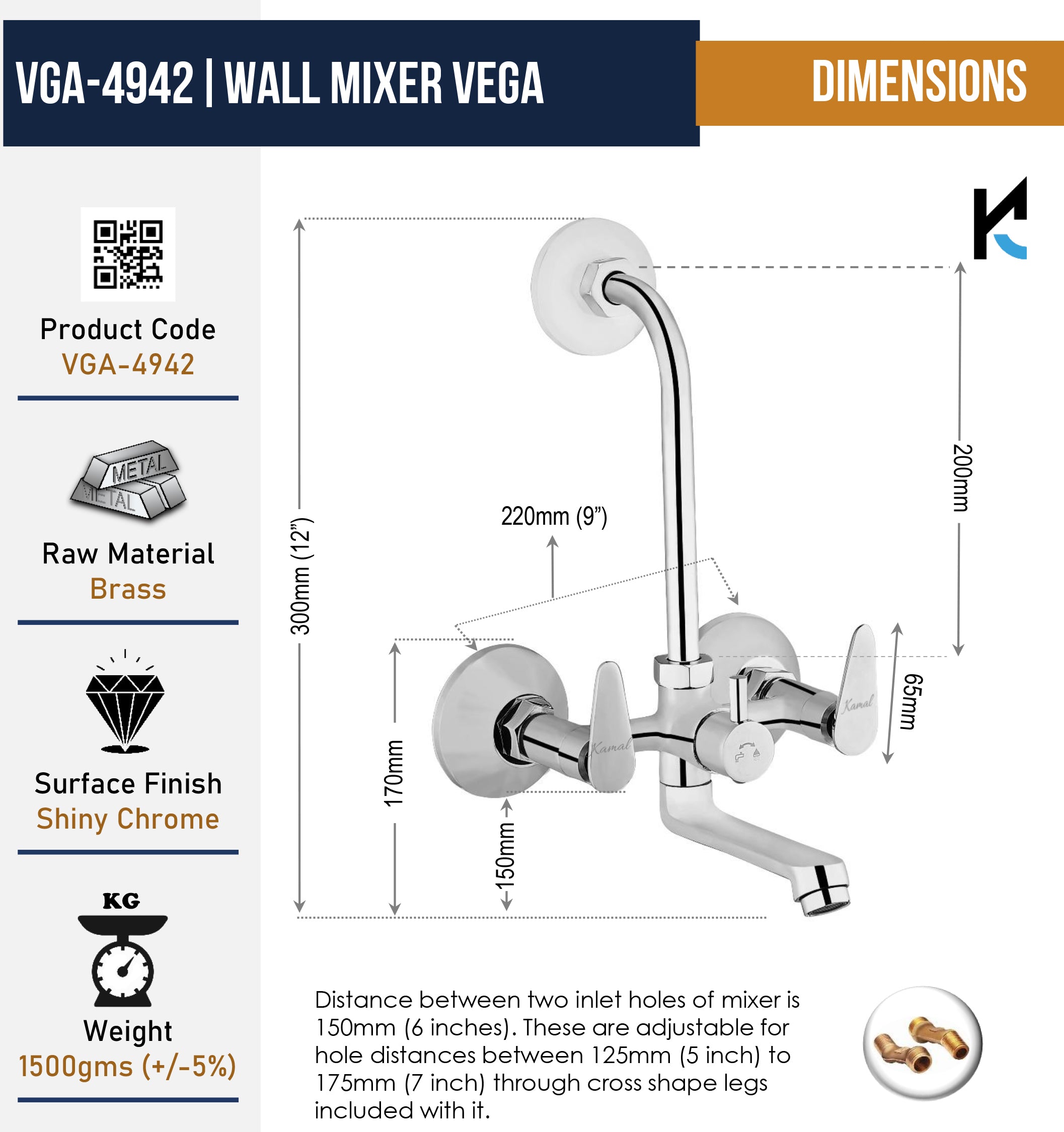 Vega Wall Mixer with L Bend Pipe (Full Brass) - by Kamal