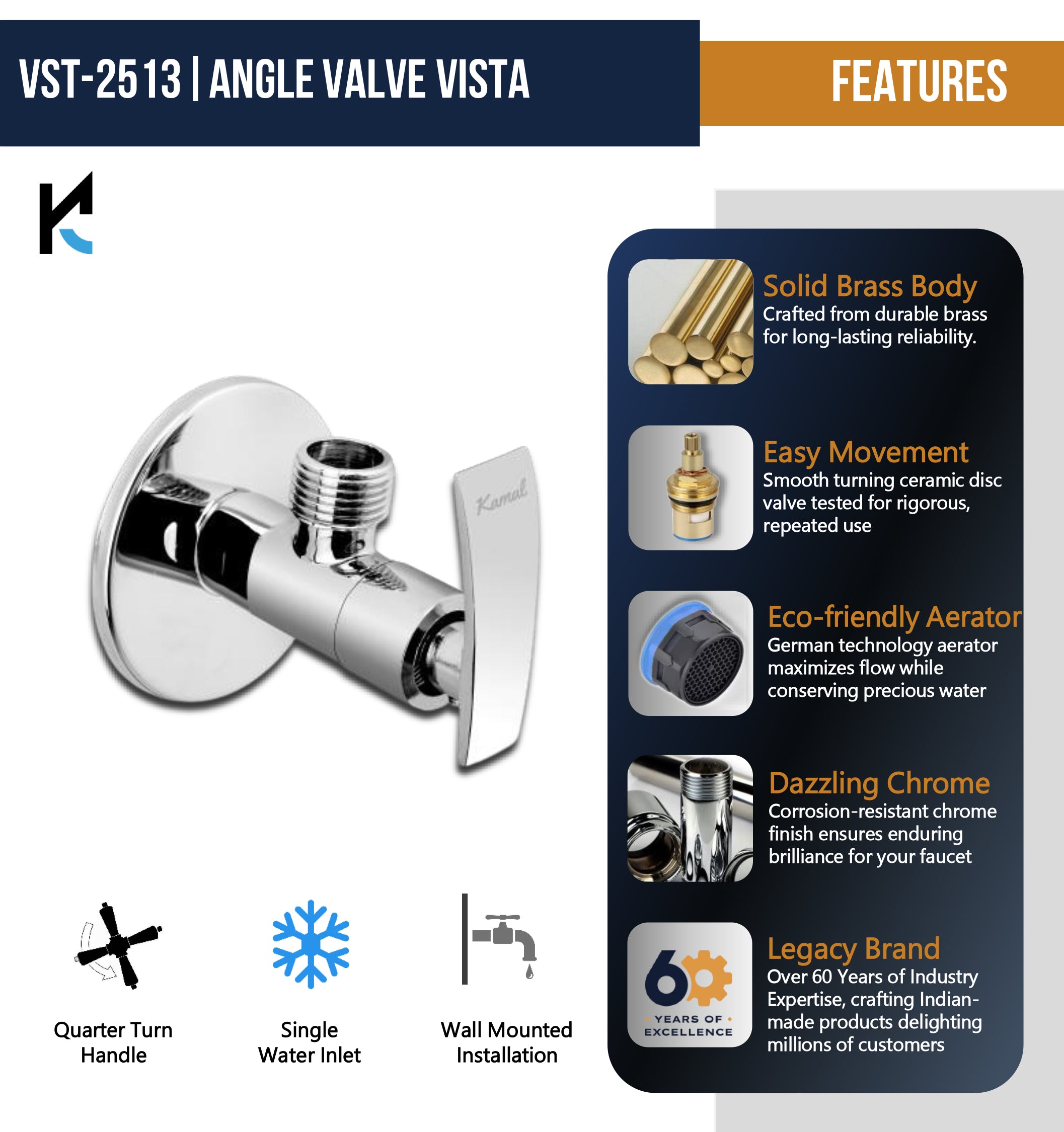 Vista Angle Valve with Wall Flange (Full Brass) - by Kamal