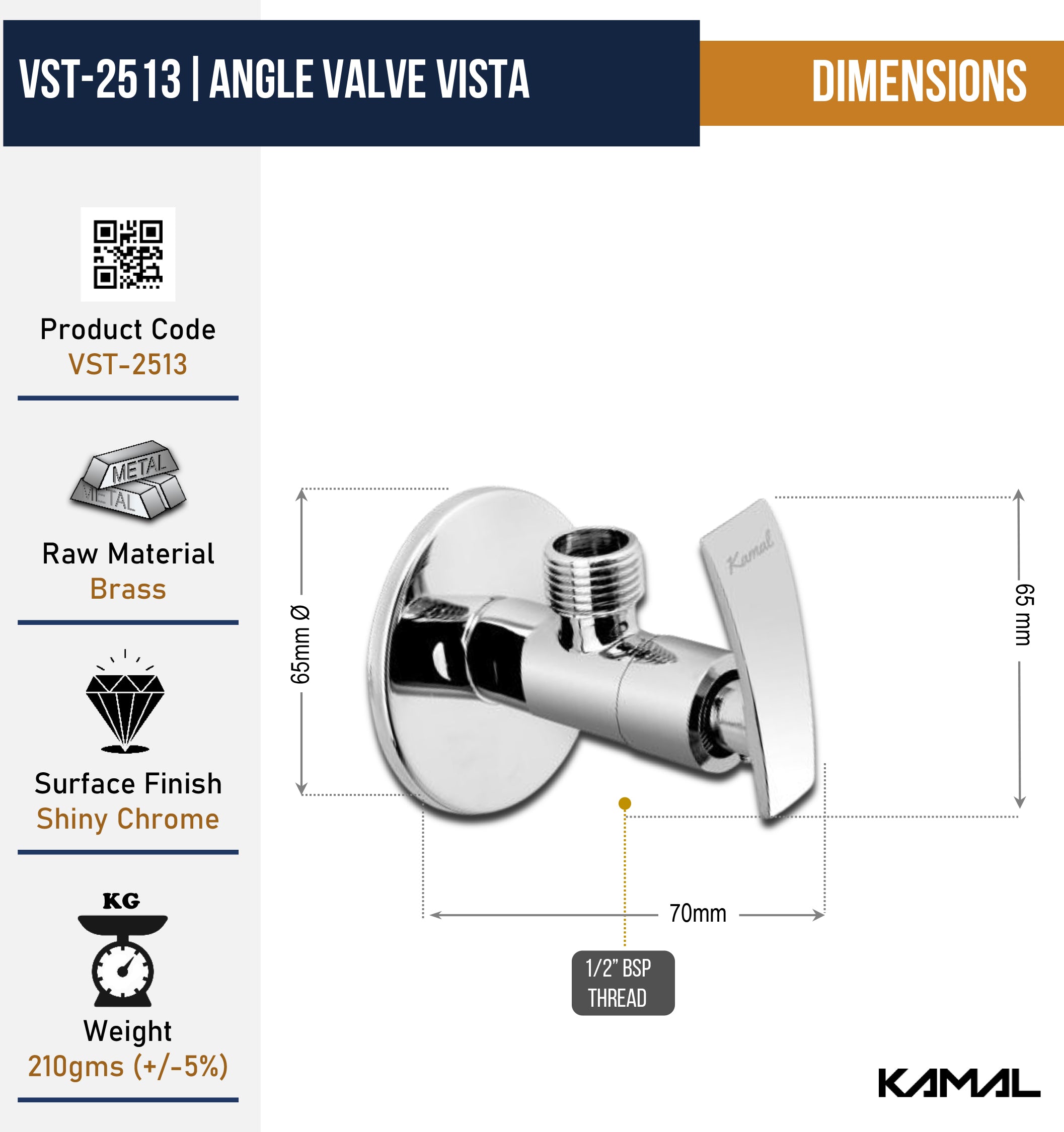 Vista Angle Valve with Wall Flange (Full Brass) - by Kamal
