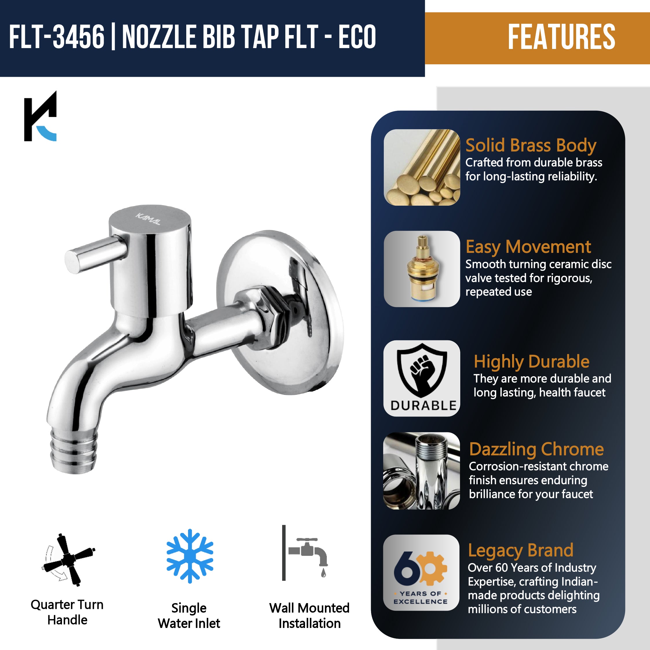 FLT Nozzle Bib Tap (Full Brass) - by Kamal - Kamal Bathware