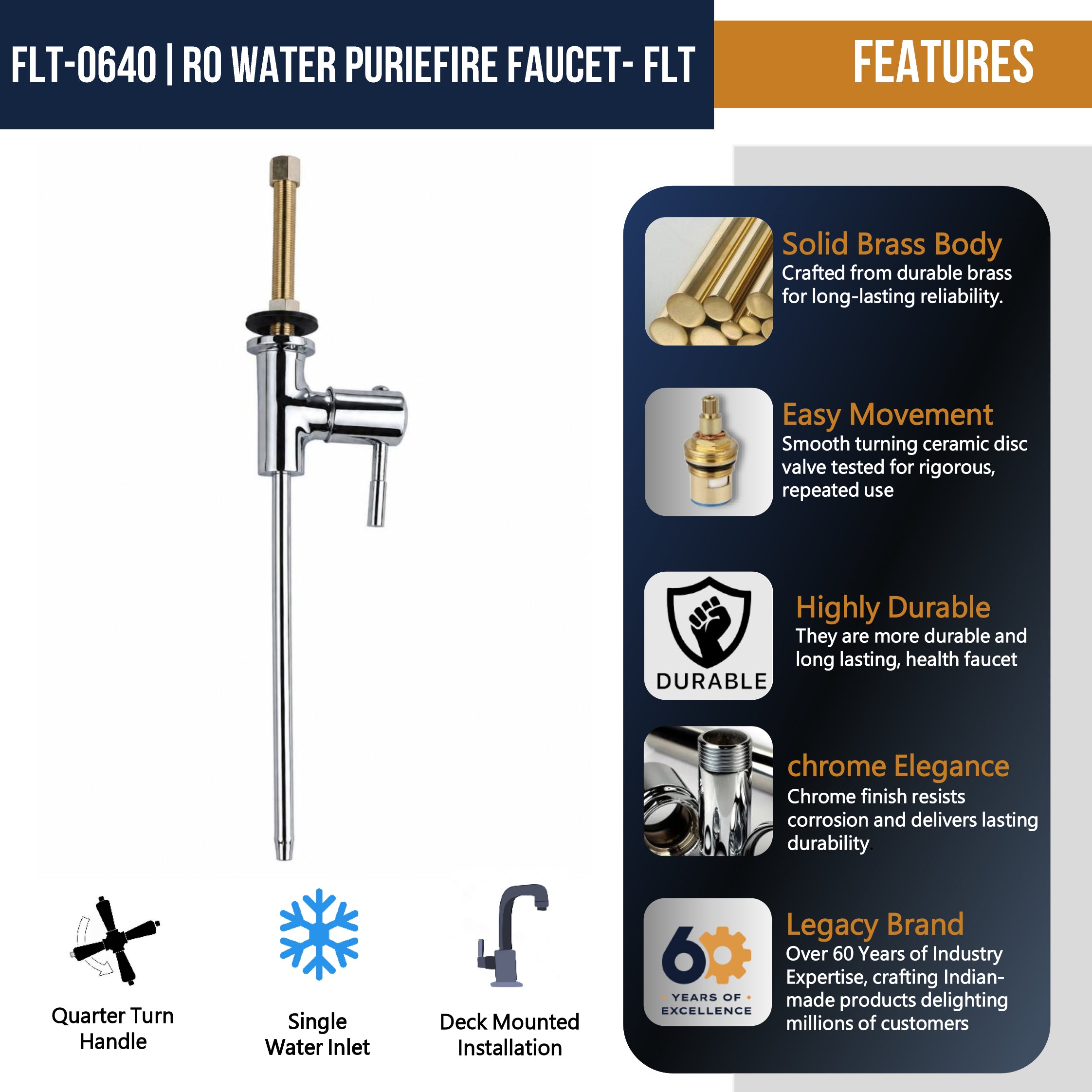 KAMAL Full Brass Cabinet RO Water Purifier Faucet | Mirror Chrome Finish | Under Cabinet Vessel Installation Design with No Door Opening Required | Heavy Duty Deck Mounted Modular Kitchen Systems