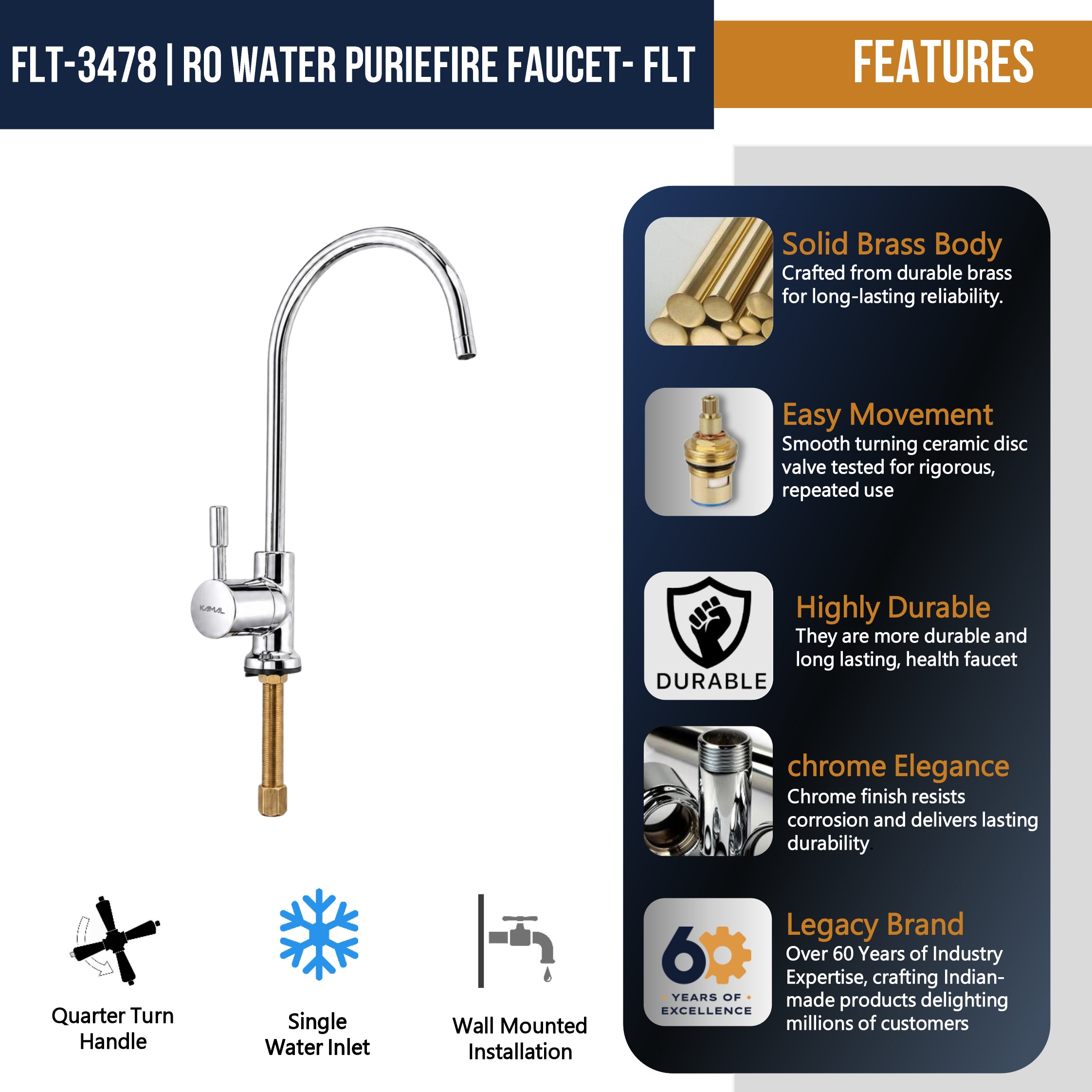 KAMAL Full Brass RO Water Purifier Faucet for Kitchen Sink | Premium Chrome Finish Deck Mount RO Tap | Heavy Duty Leak Proof Water Filter Faucet