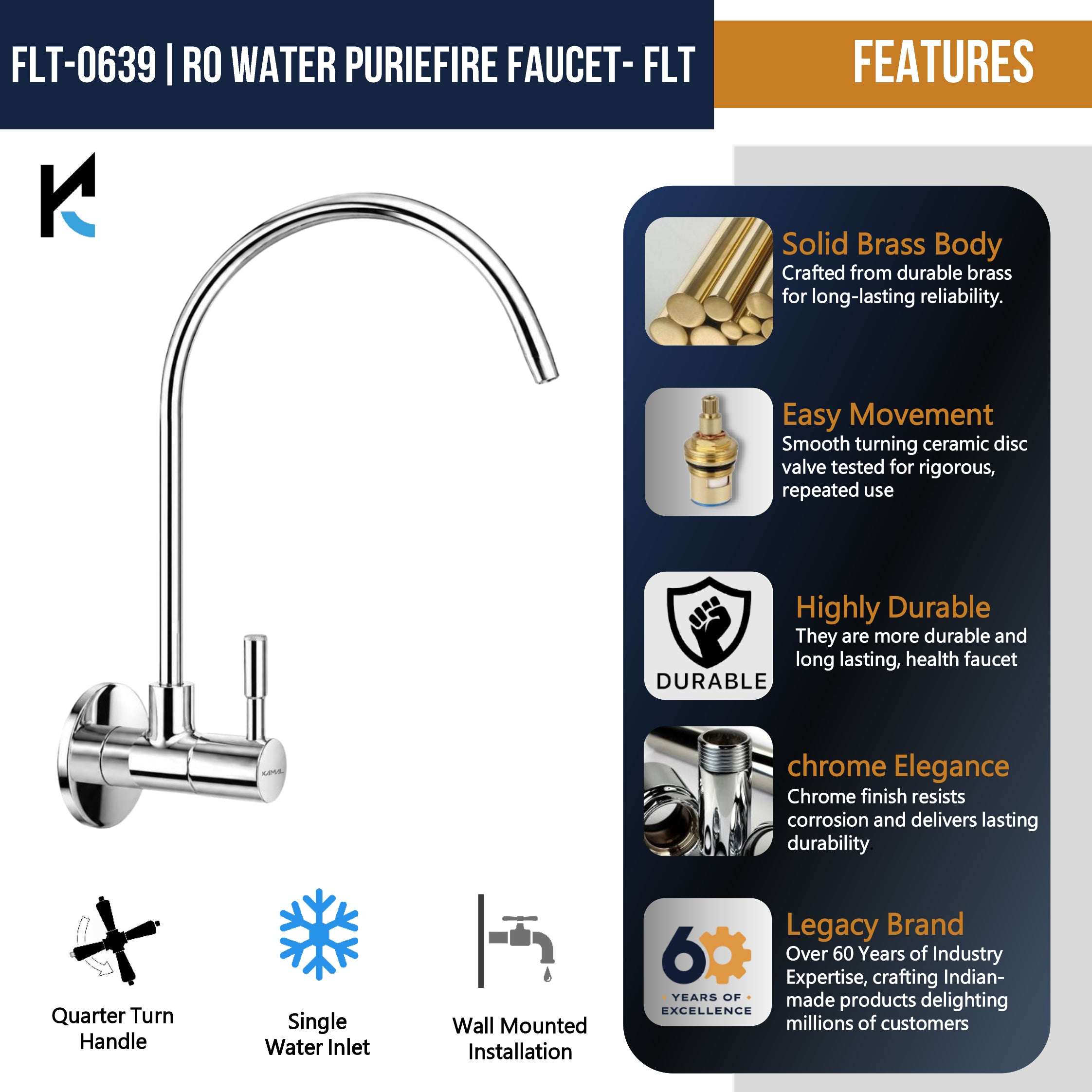 KAMAL Full Brass RO Water Purifier Faucet with Flange | Mirror Chrome Finish Wall Mount Kitchen RO Tap | Heavy Duty Brass Sink Faucet for RO Water Purifier Systems