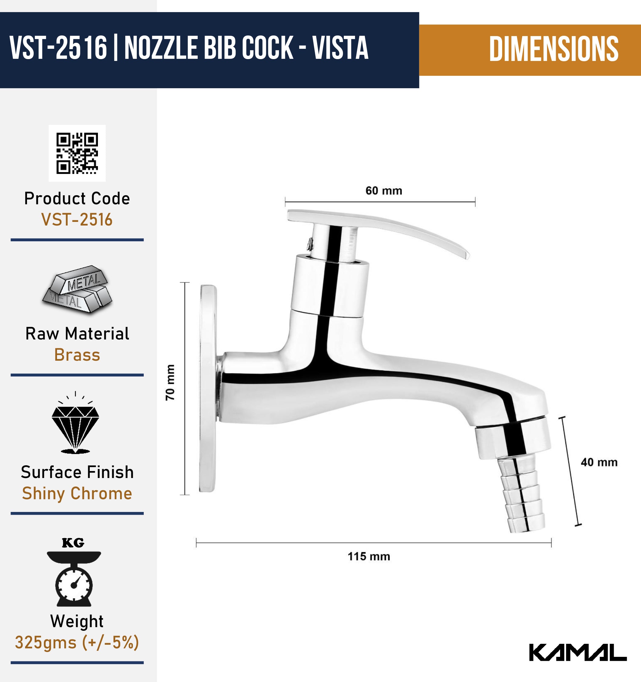 Vista Nozzle Bib Tap with Wall Flange (Full Brass) - by Kamal