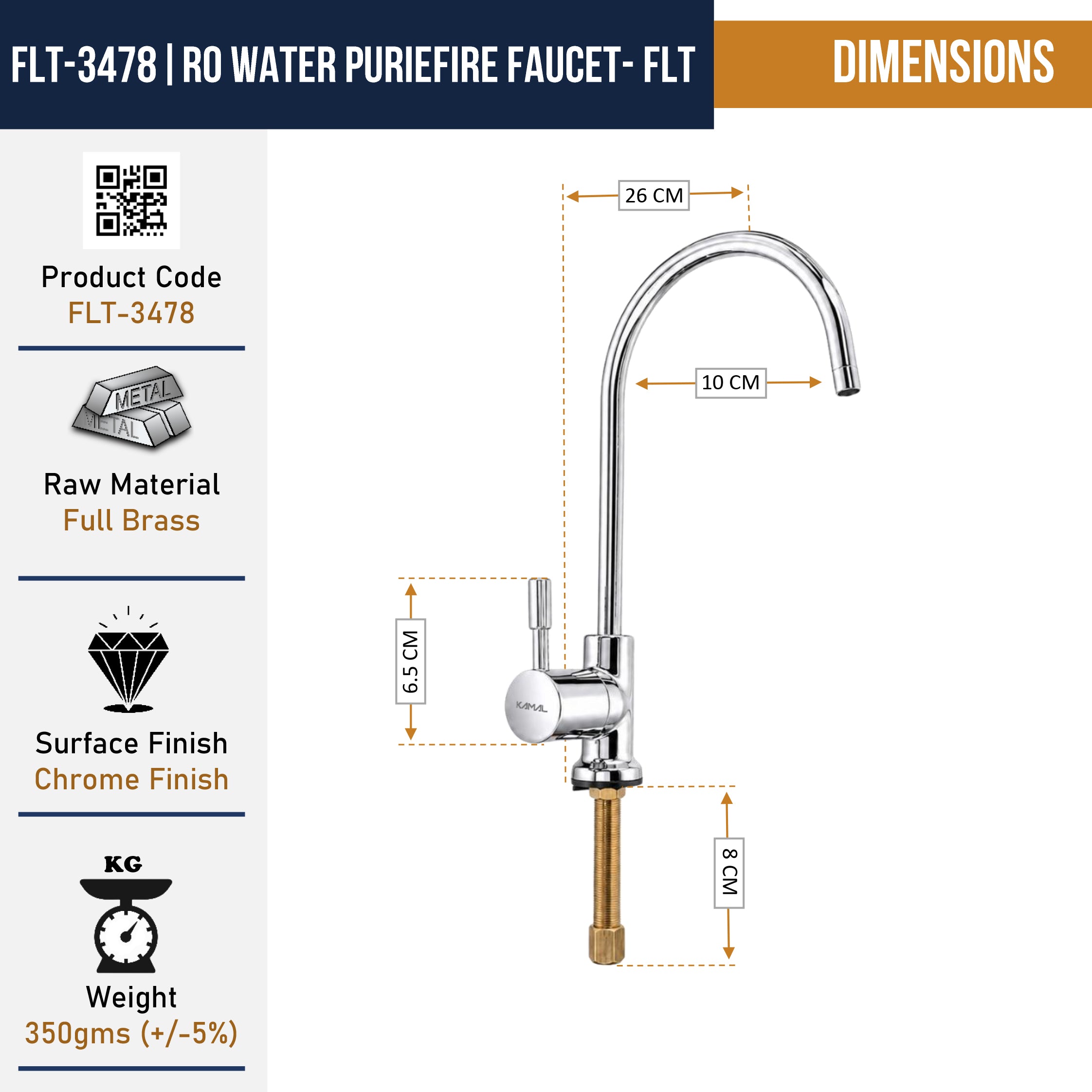 KAMAL Full Brass RO Water Purifier Faucet for Kitchen Sink | Premium Chrome Finish Deck Mount RO Tap | Heavy Duty Leak Proof Water Filter Faucet
