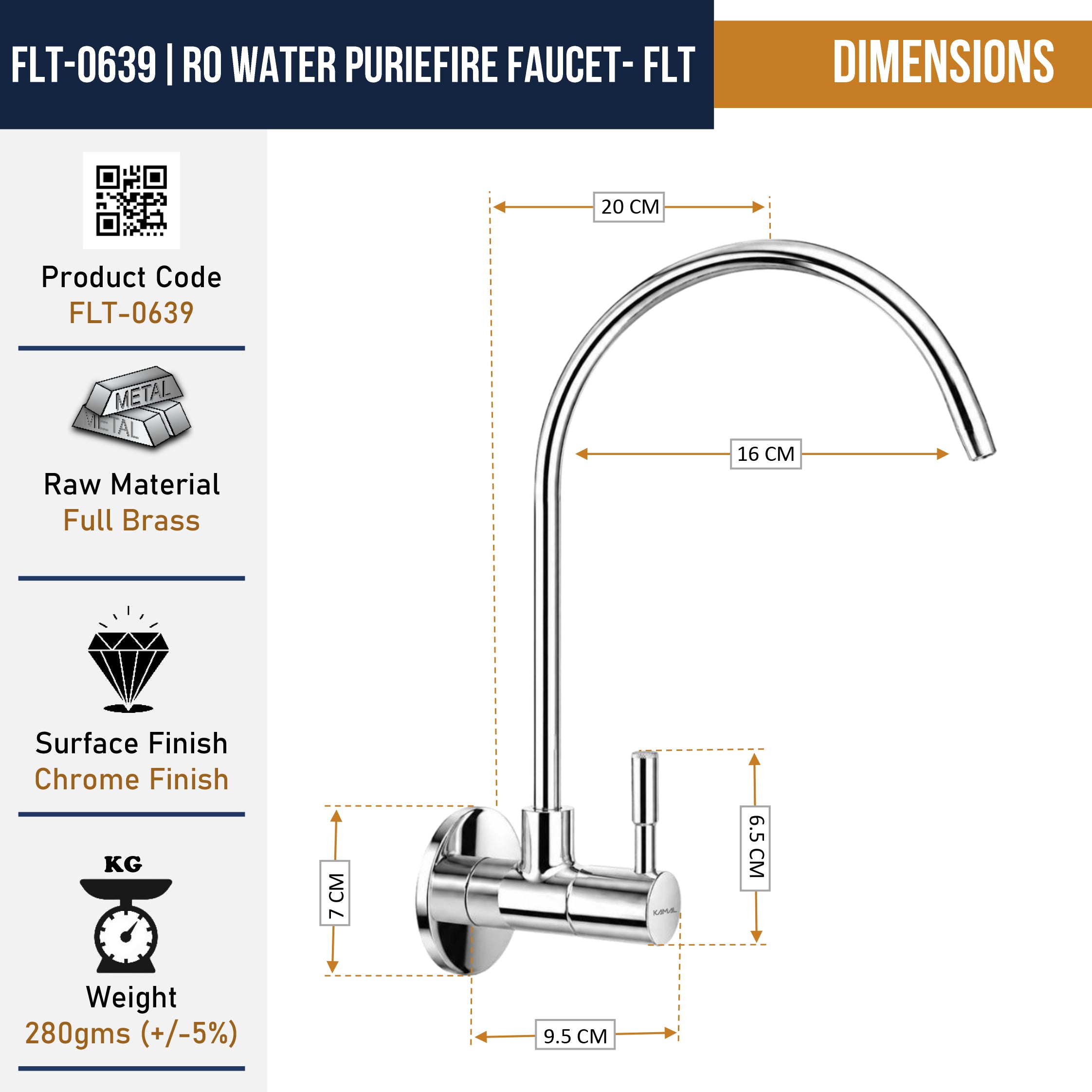 KAMAL Full Brass RO Water Purifier Faucet with Flange | Mirror Chrome Finish Wall Mount Kitchen RO Tap | Heavy Duty Brass Sink Faucet for RO Water Purifier Systems