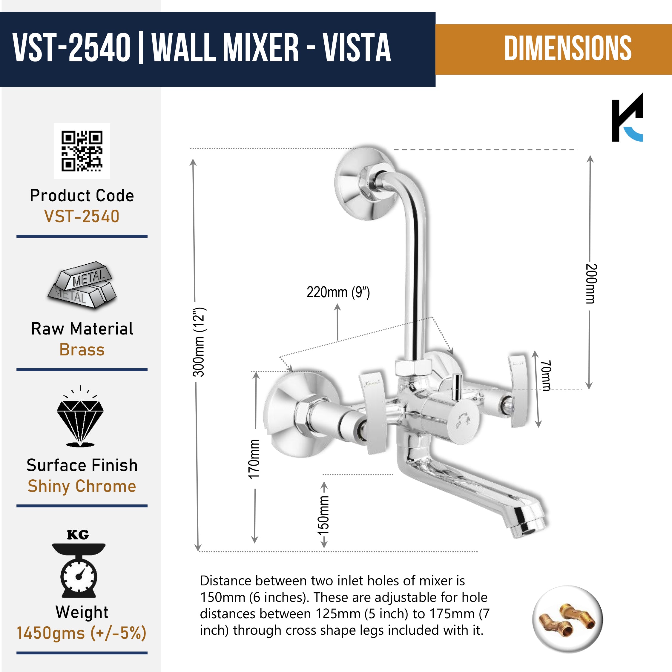 Vista Eco Wall Mixer with L bend Pipe (Full Brass) - by Kamal
