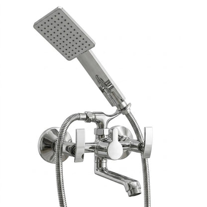 Vista Telephonic Wall Mixer by Kamal with crutch and hand shower, full brass construction, mounted on bathroom wall.