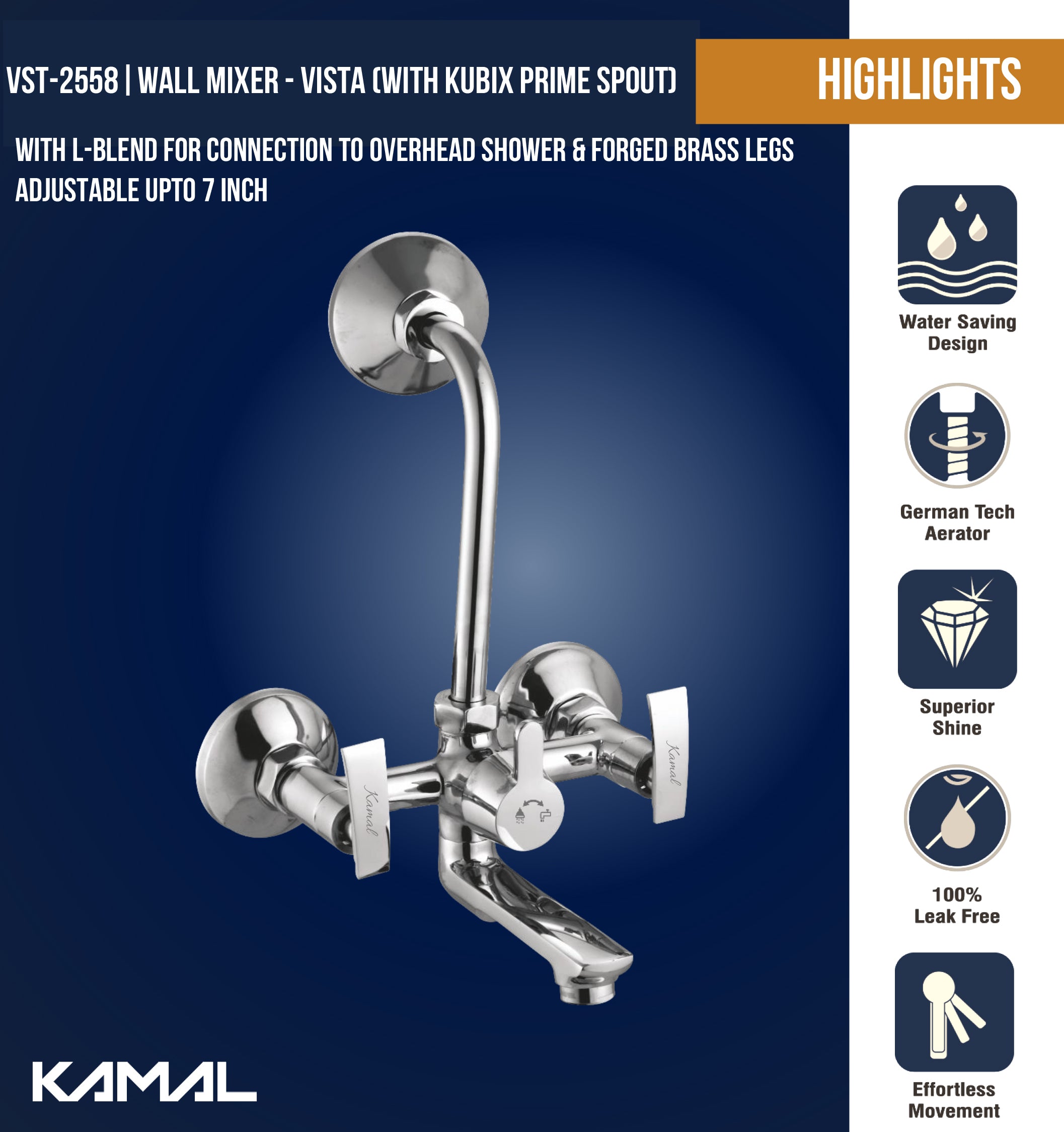Vista Wall Mixer Kubix Prime Spout with L Bend Pipe (Full Brass) - by Kamal