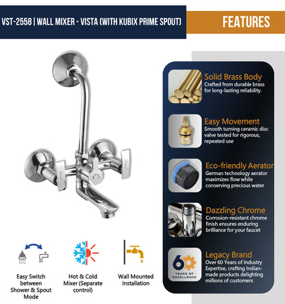 Vista Wall Mixer Kubix Prime Spout with L Bend Pipe (Full Brass) - by Kamal