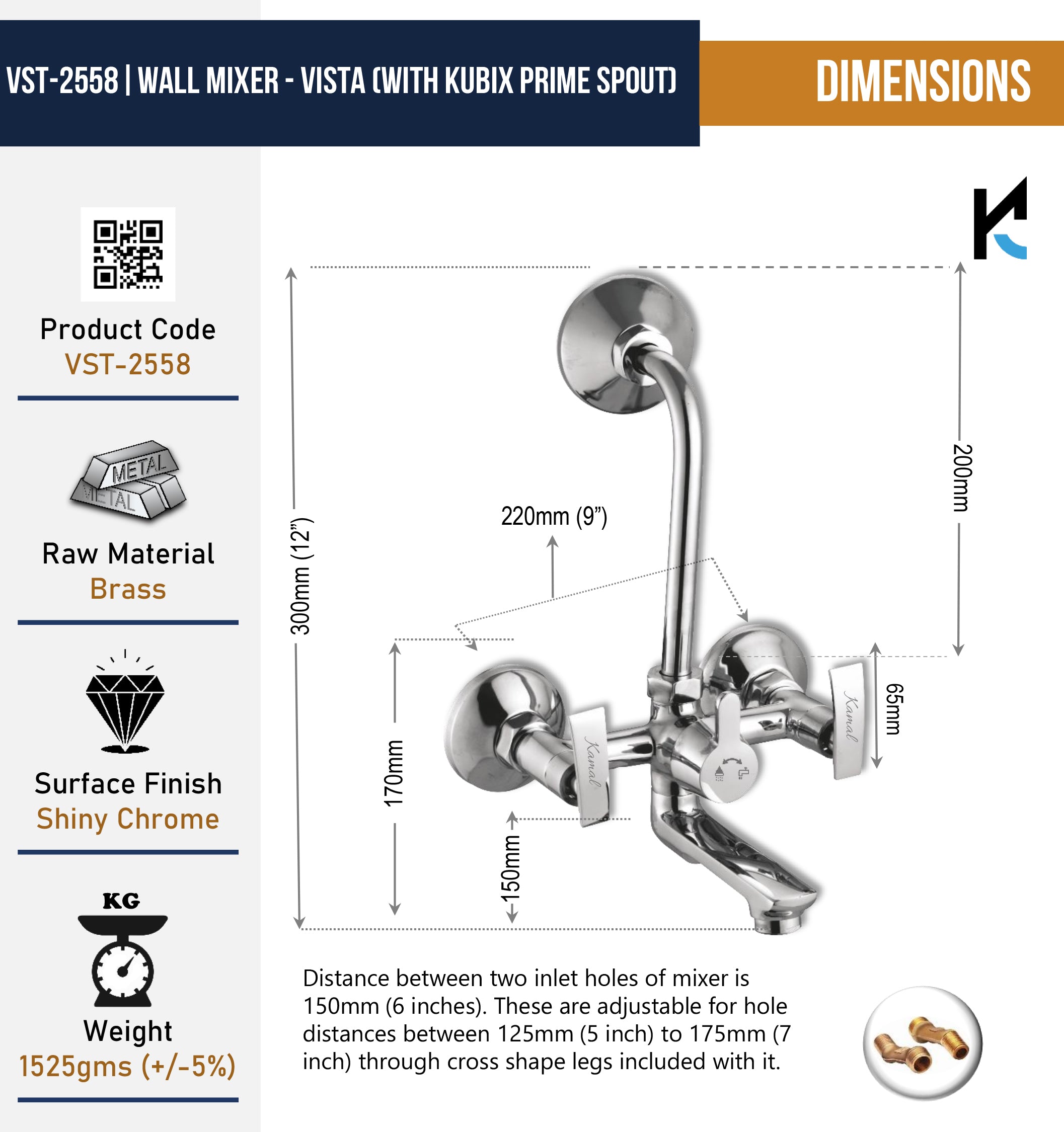 Vista Wall Mixer Kubix Prime Spout with L Bend Pipe (Full Brass) - by Kamal