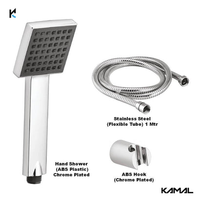 Ace ABS Hand Shower (Metallic Silver with Grey Face) With SS Flexible Tube 1.5 Mtr (150cm) & Wall Hook - by kamal - Ace - Kamal Bathware