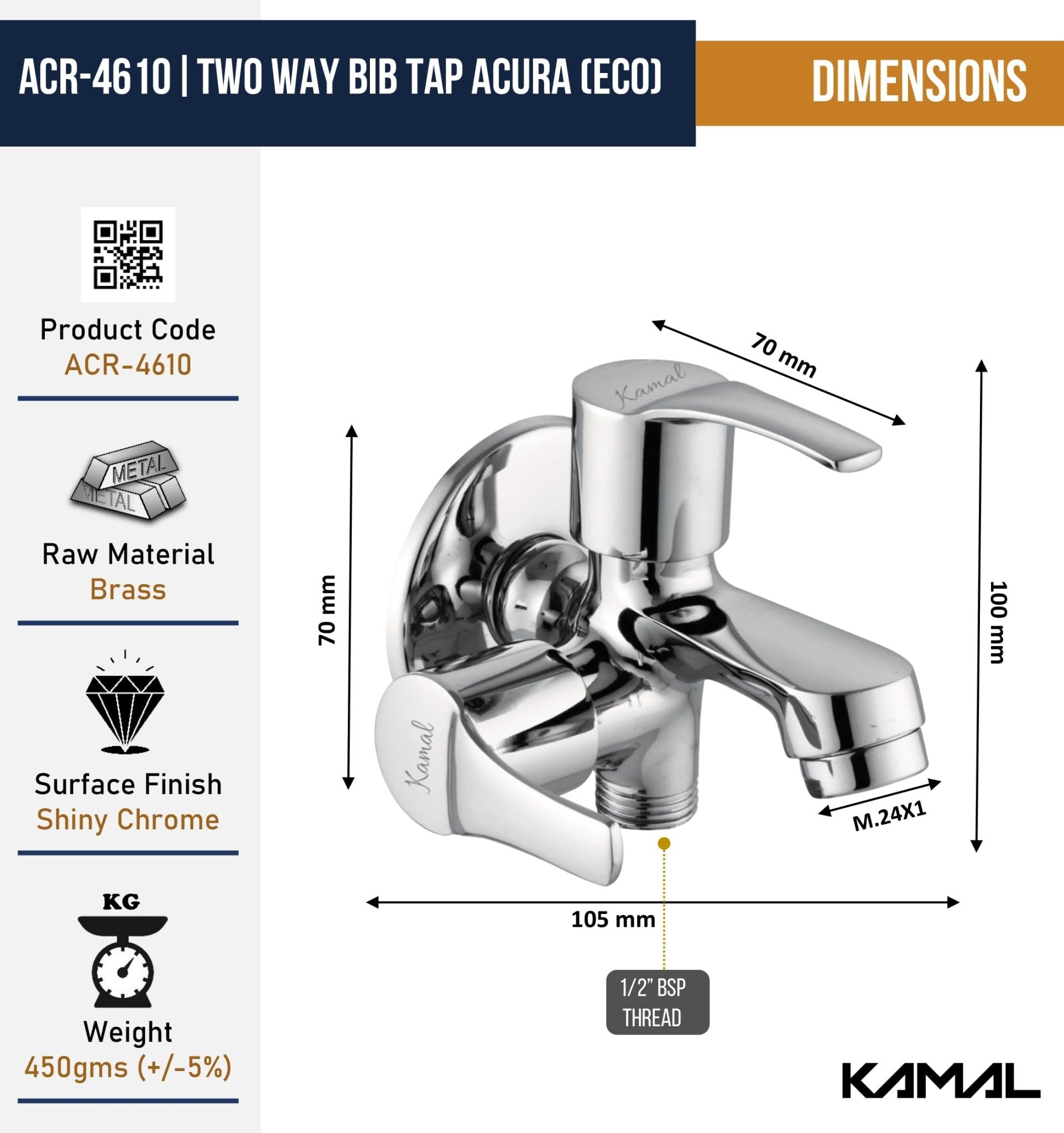 Acura Eco Two Way Bib Tap (Full Brass) - by Kamal - Acura - Kamal Bathware