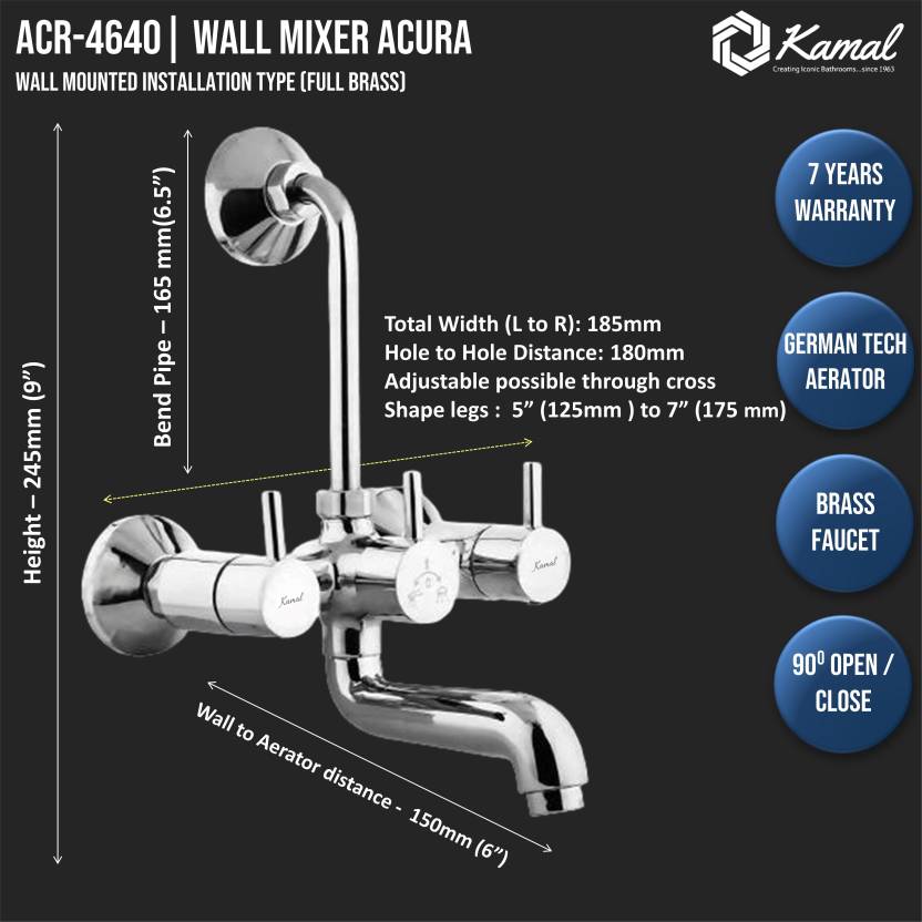 Acura Eco Wall Mixer with L Bend Pipe (Full Brass) - by Kamal - Kamal Bathware