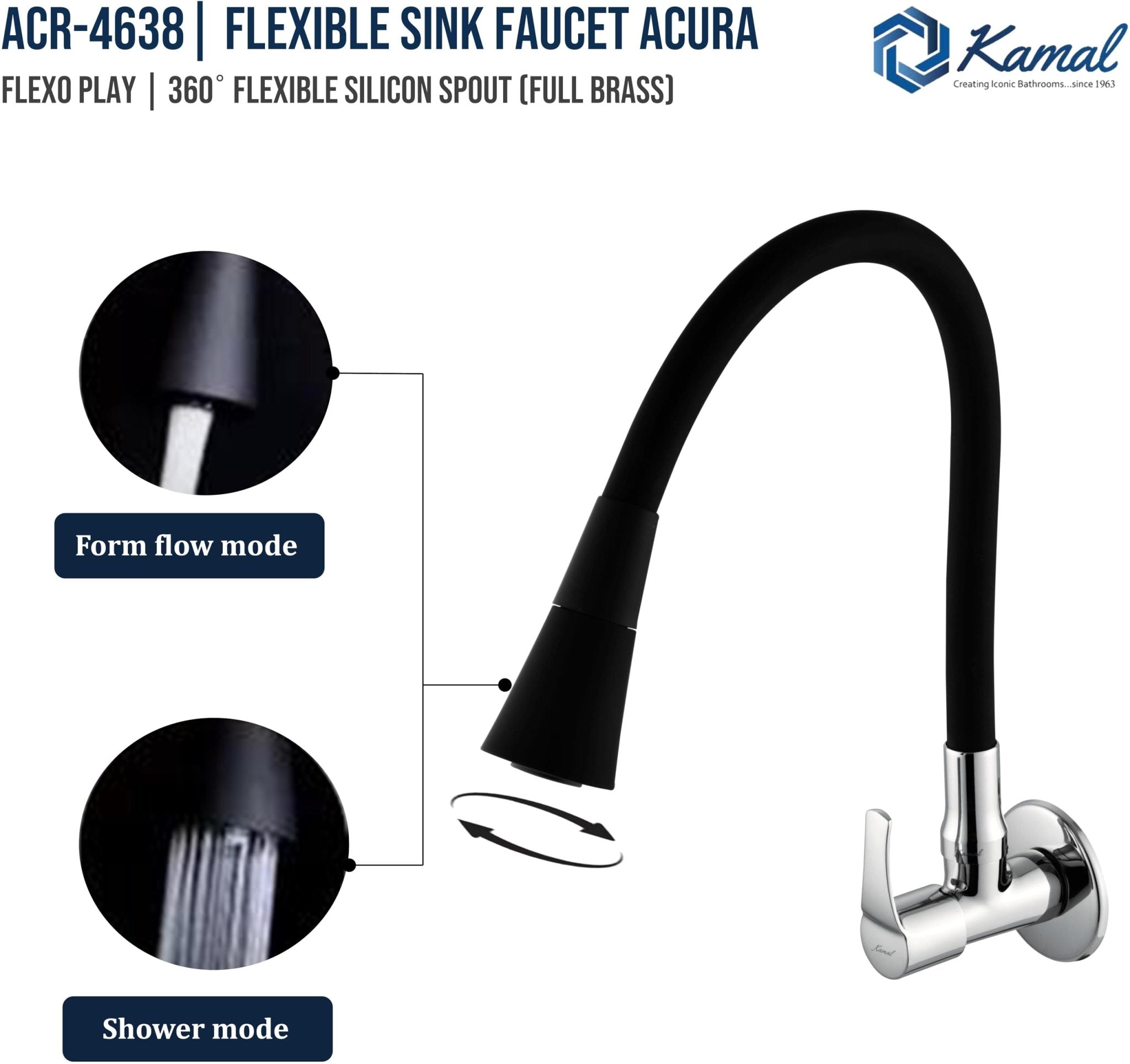 Acura Flexible Sink Tap Brass Faucet Flexo Play (Brass & Silicone) - by Kamal - Kamal Bathware