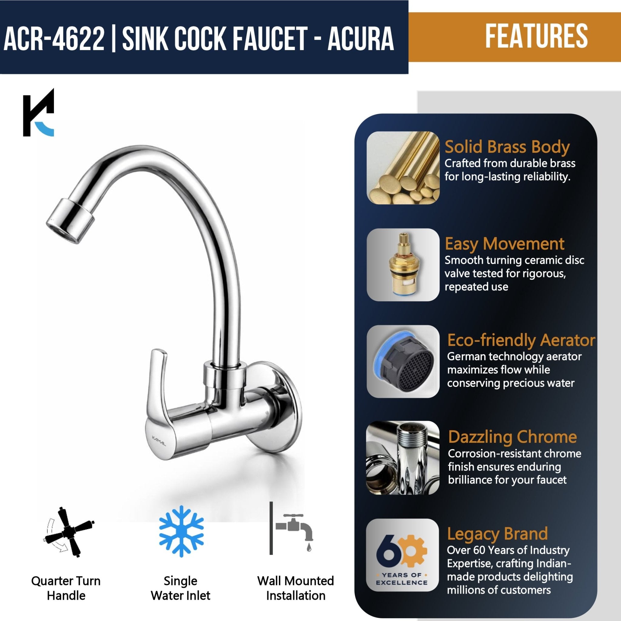 Acura Kitchen Sink Tap (Full Brass) - by Kamal - Acura - Kamal Bathware