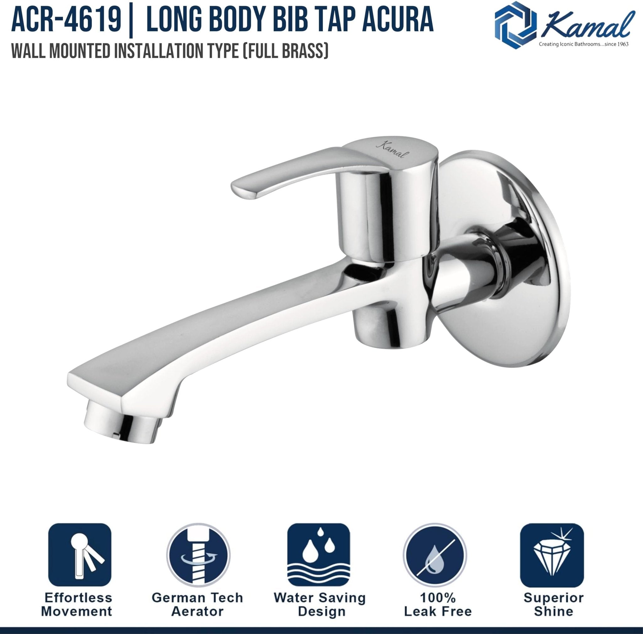 Acura Long Body Bib Tap (Full Brass) - by Kamal - Kamal Bathware