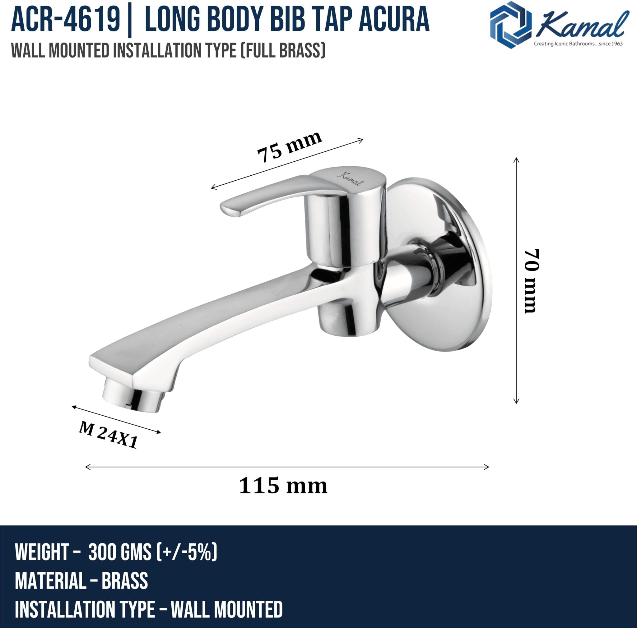 Acura Long Body Bib Tap (Full Brass) - by Kamal - Kamal Bathware