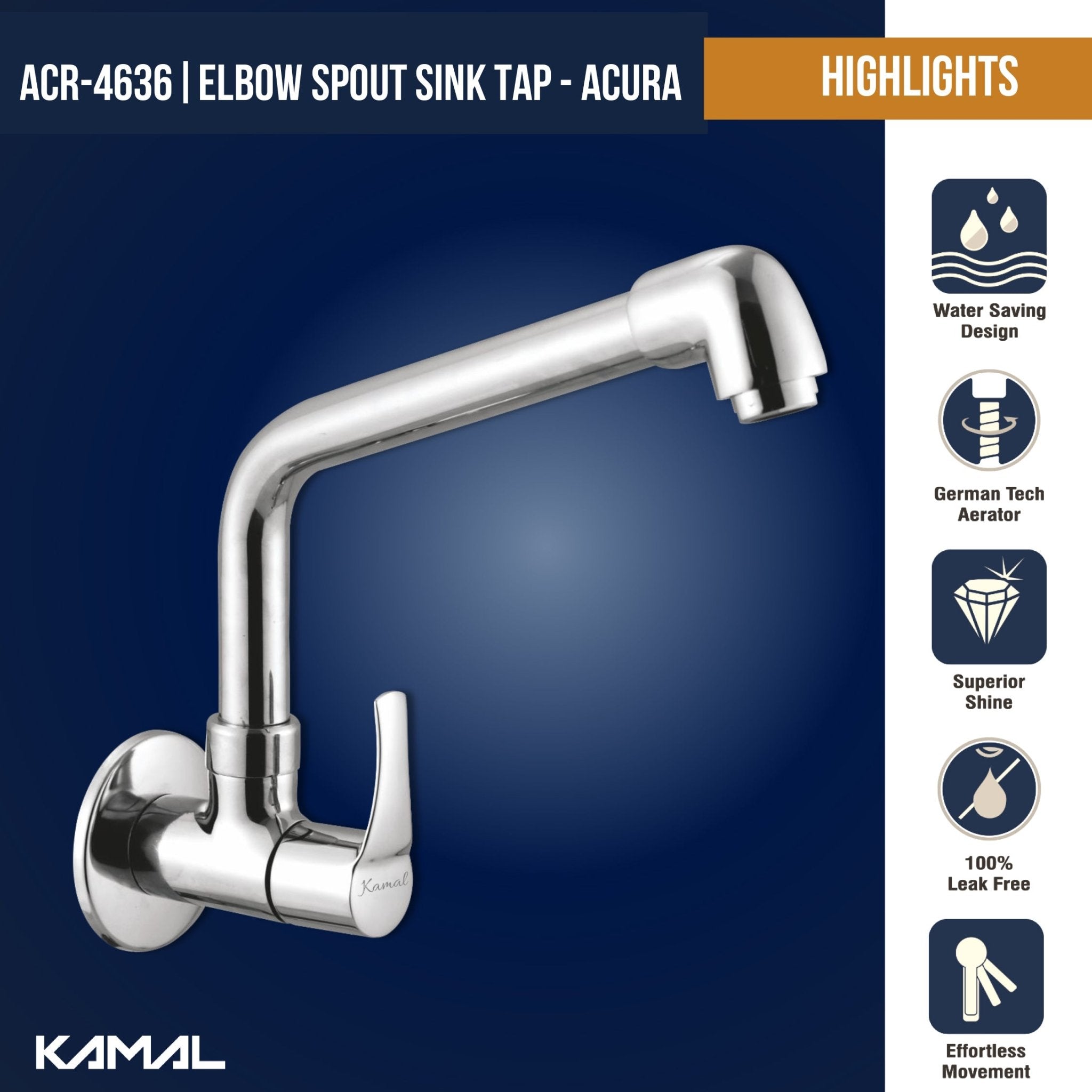 Acura Sink Tap Elbow Spout (Full Brass) - by Kamal - Acura - Kamal Bathware
