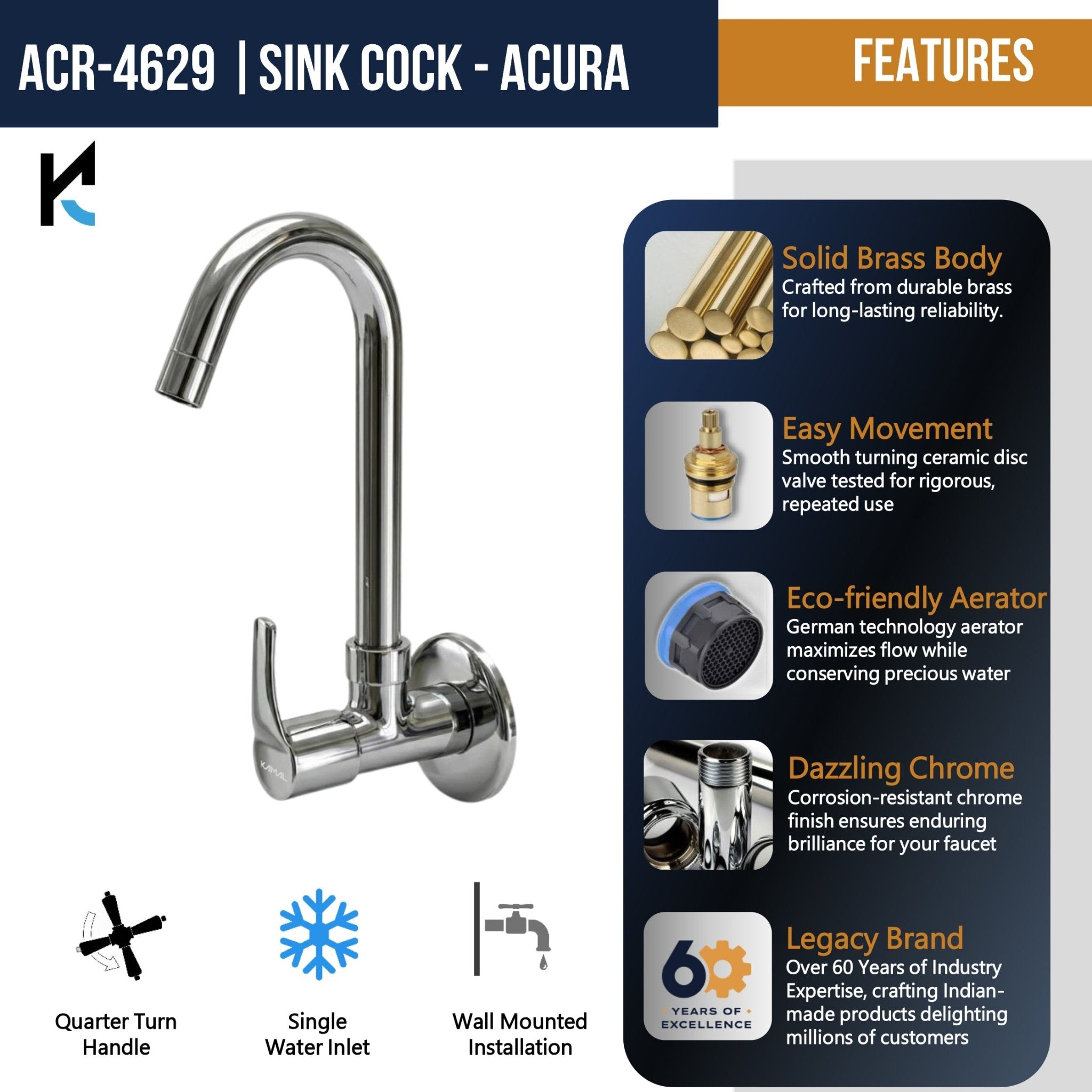 Acura Sink Tap (Full Brass) - by Kamal - Acura - Kamal Bathware