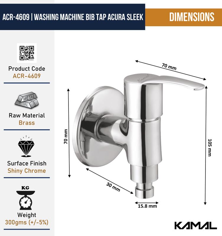 Acura Sleek Washing Machine Bib Tap (Full Brass) - by Kamal - Kamal Bathware