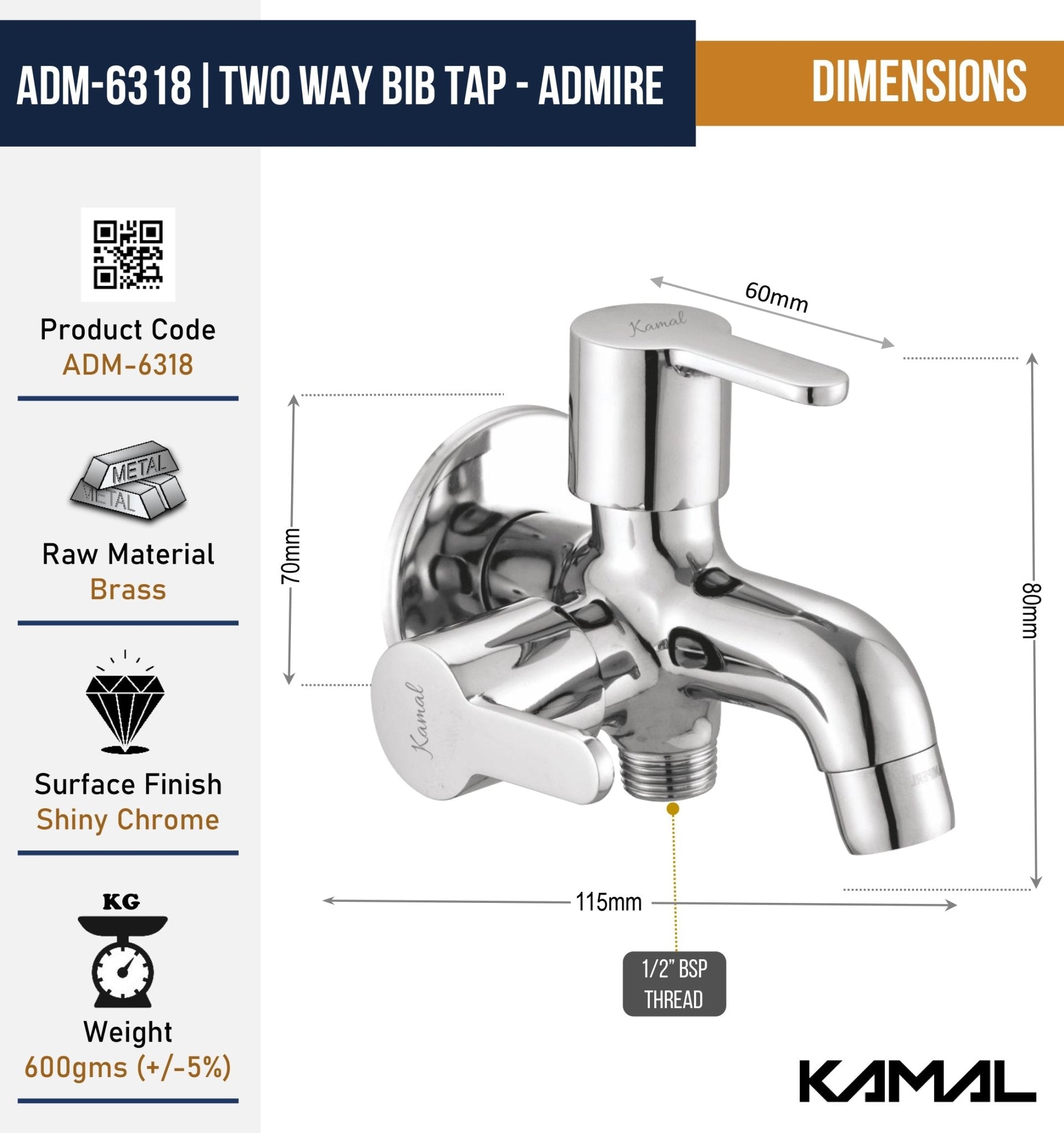 Admire Two in One Bib Tap (Full Brass) - by Kamal - Admire - Kamal Bathware