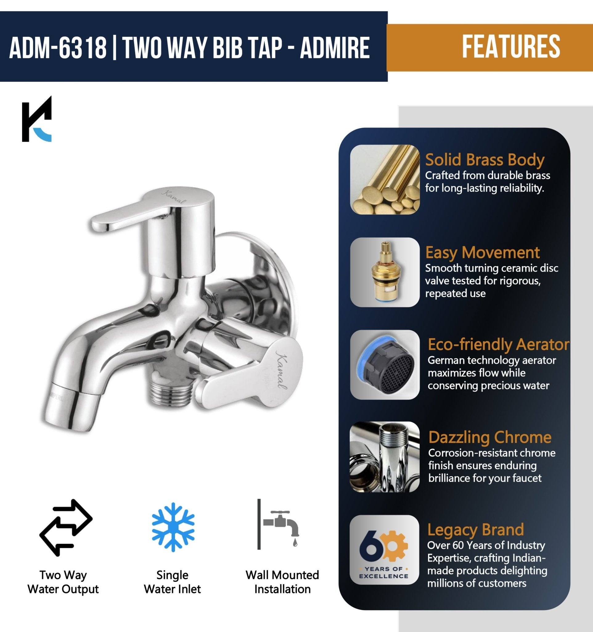 Admire Two in One Bib Tap (Full Brass) - by Kamal - Admire - Kamal Bathware