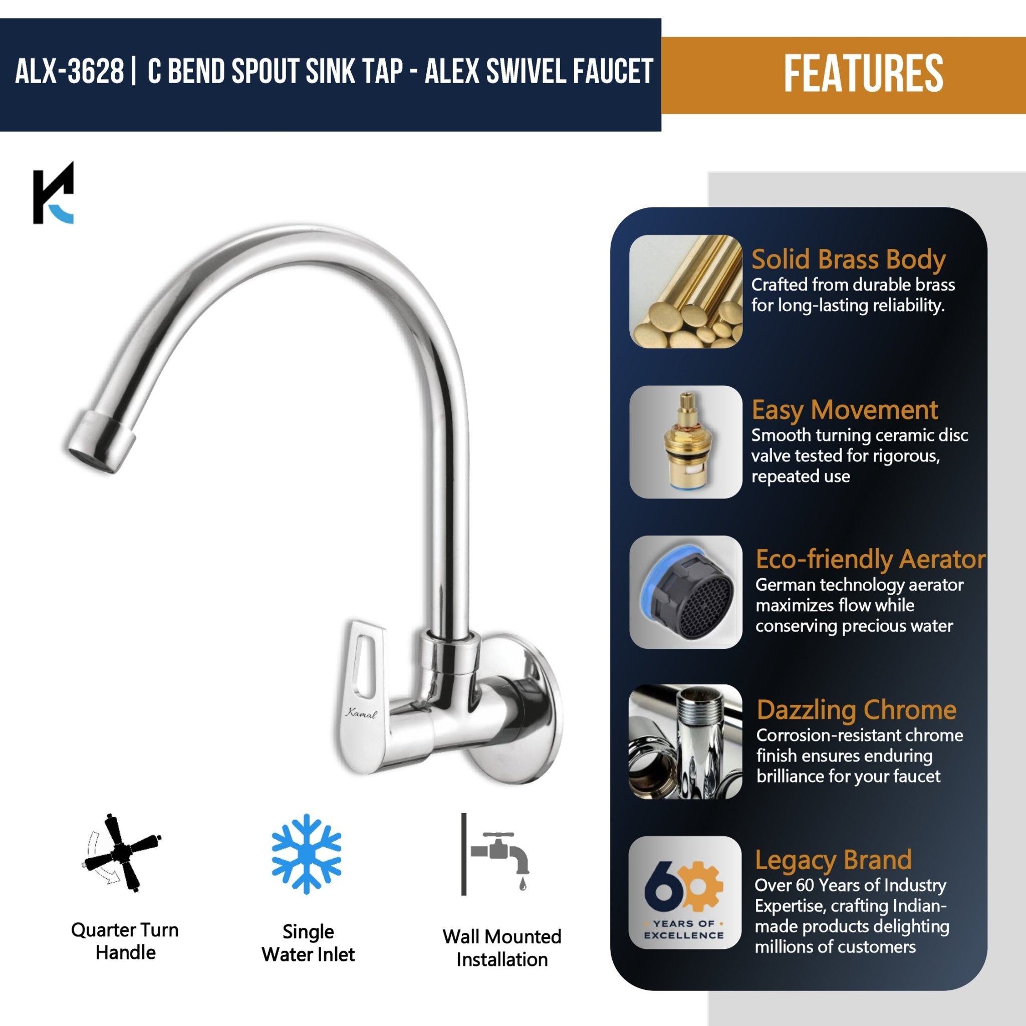 Alex Full Brass 180° Swivel Spout Gooseneck Faucet - by Kamal - Alex - Kamal Bathware
