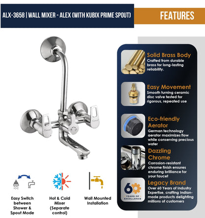 Alex Wall Mixer with L bend Pipe Kubix Prime Spout (Full Brass) - by Kamal - Alex - Kamal Bathware