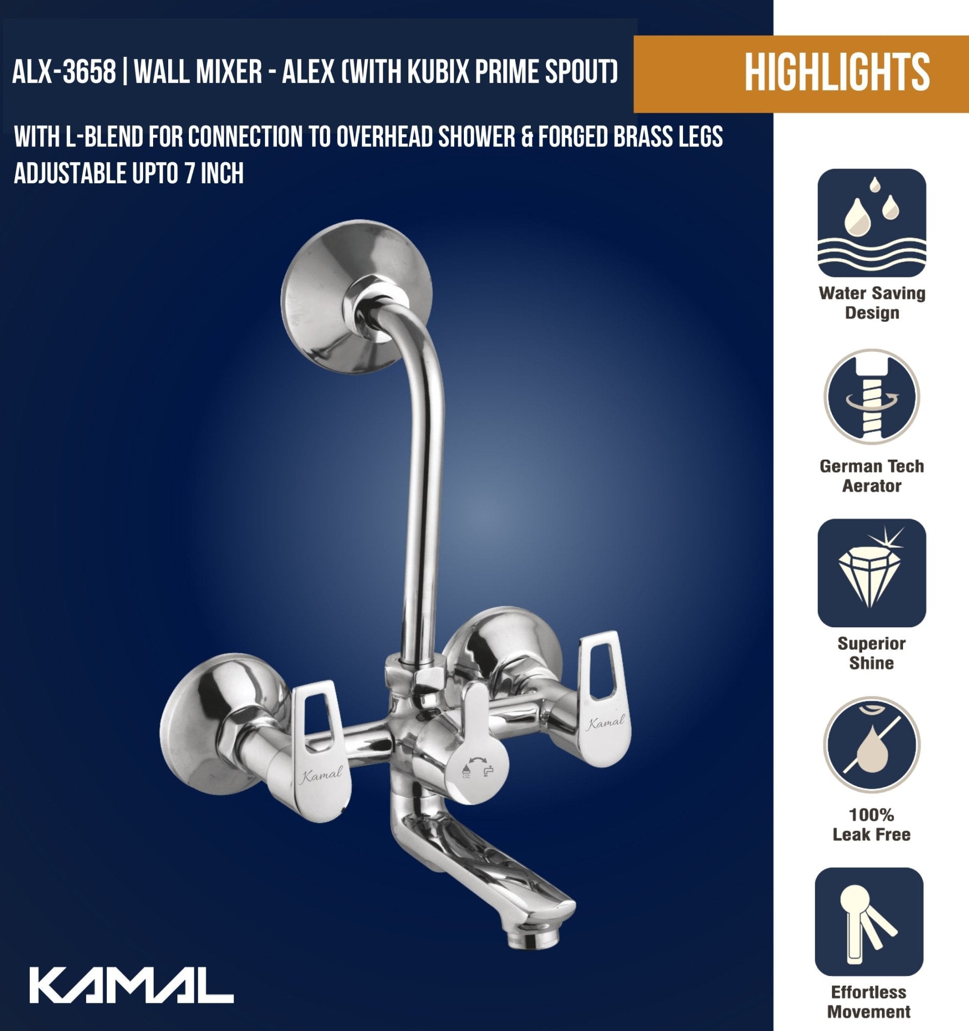 Alex Wall Mixer with L bend Pipe Kubix Prime Spout (Full Brass) - by Kamal - Alex - Kamal Bathware