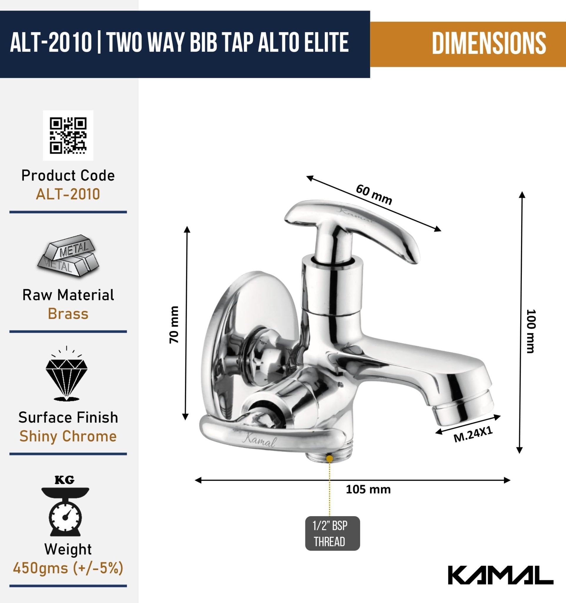 Alto Elite Two Way Bib Tap (Full Brass) - by Kamal - Alto - Kamal Bathware