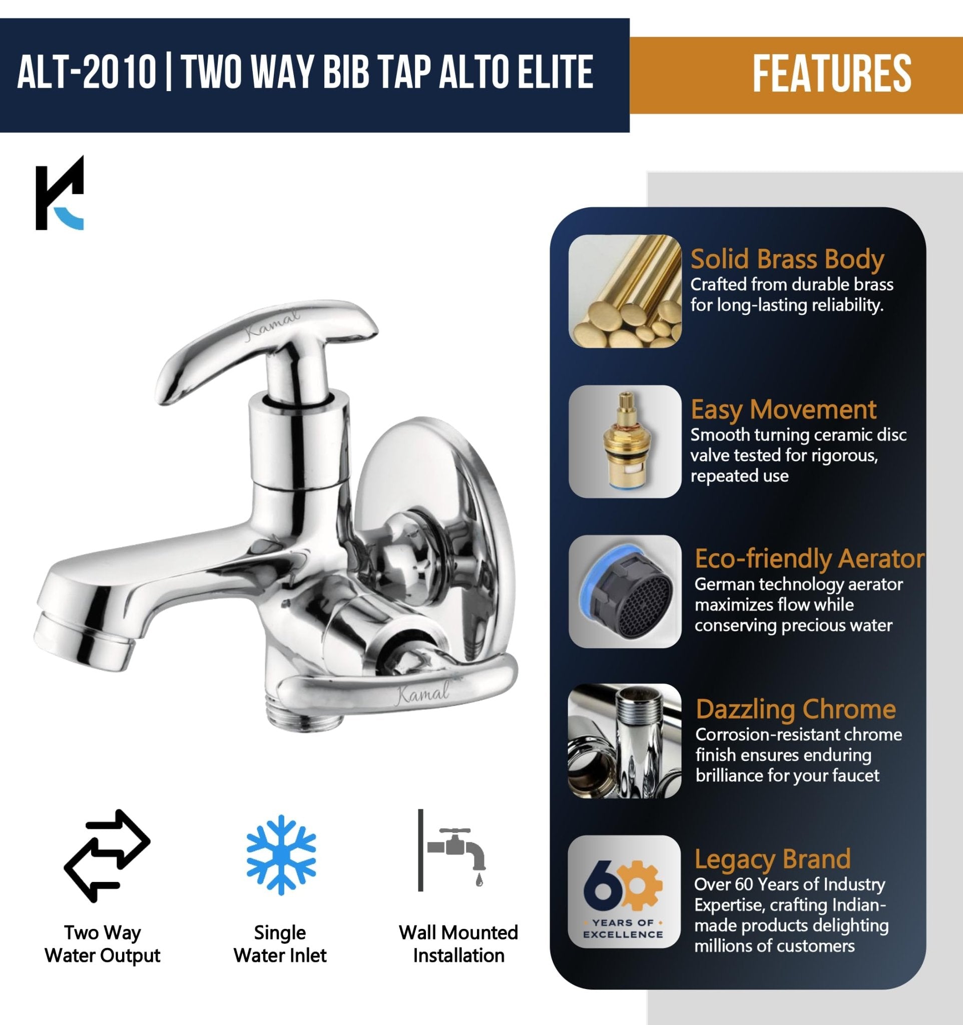 Alto Elite Two Way Bib Tap (Full Brass) - by Kamal - Alto - Kamal Bathware