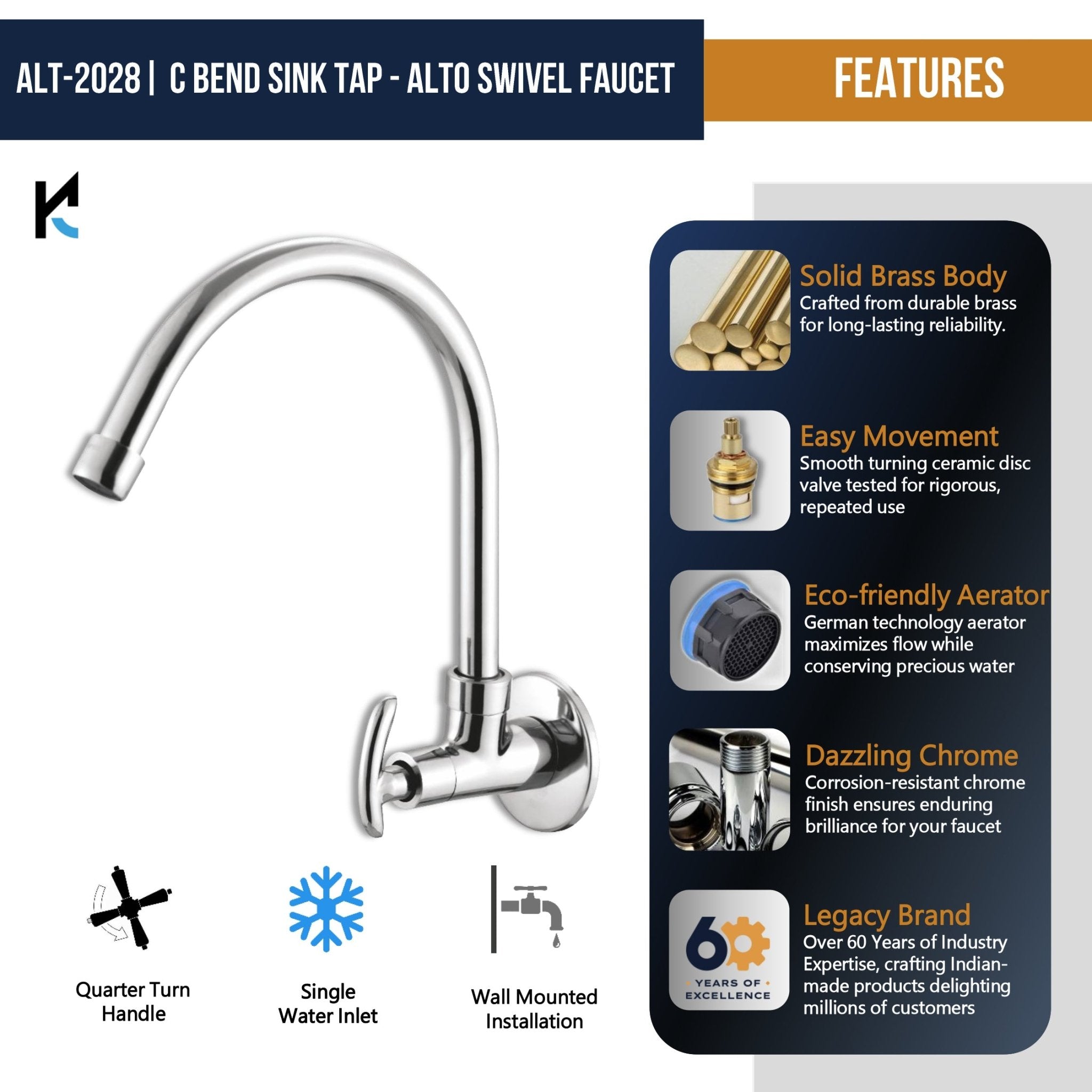 Alto Full Brass 180° Swivel Spout Gooseneck Faucet - by Kamal - Alto - Kamal Bathware