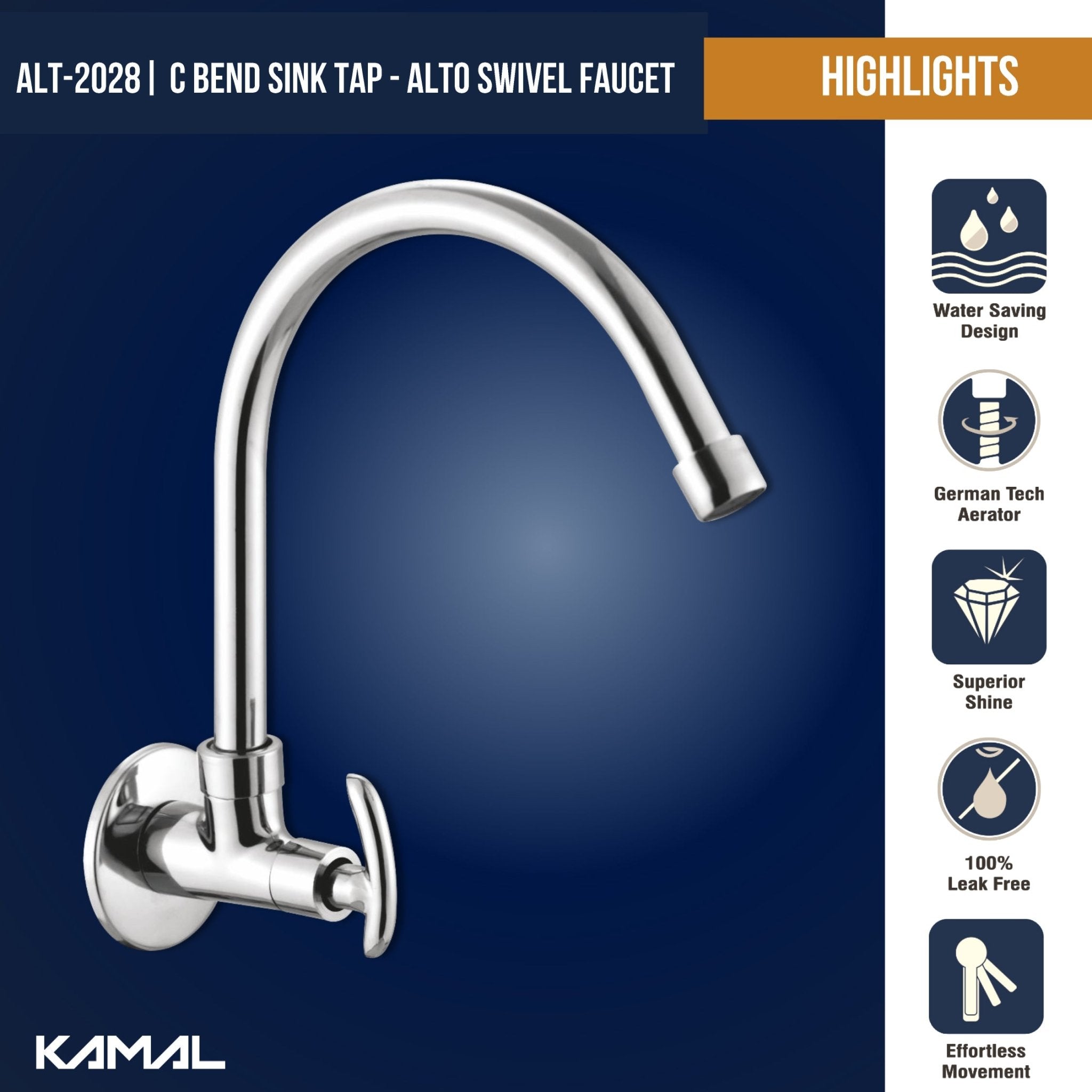 Alto Full Brass 180° Swivel Spout Gooseneck Faucet - by Kamal - Alto - Kamal Bathware