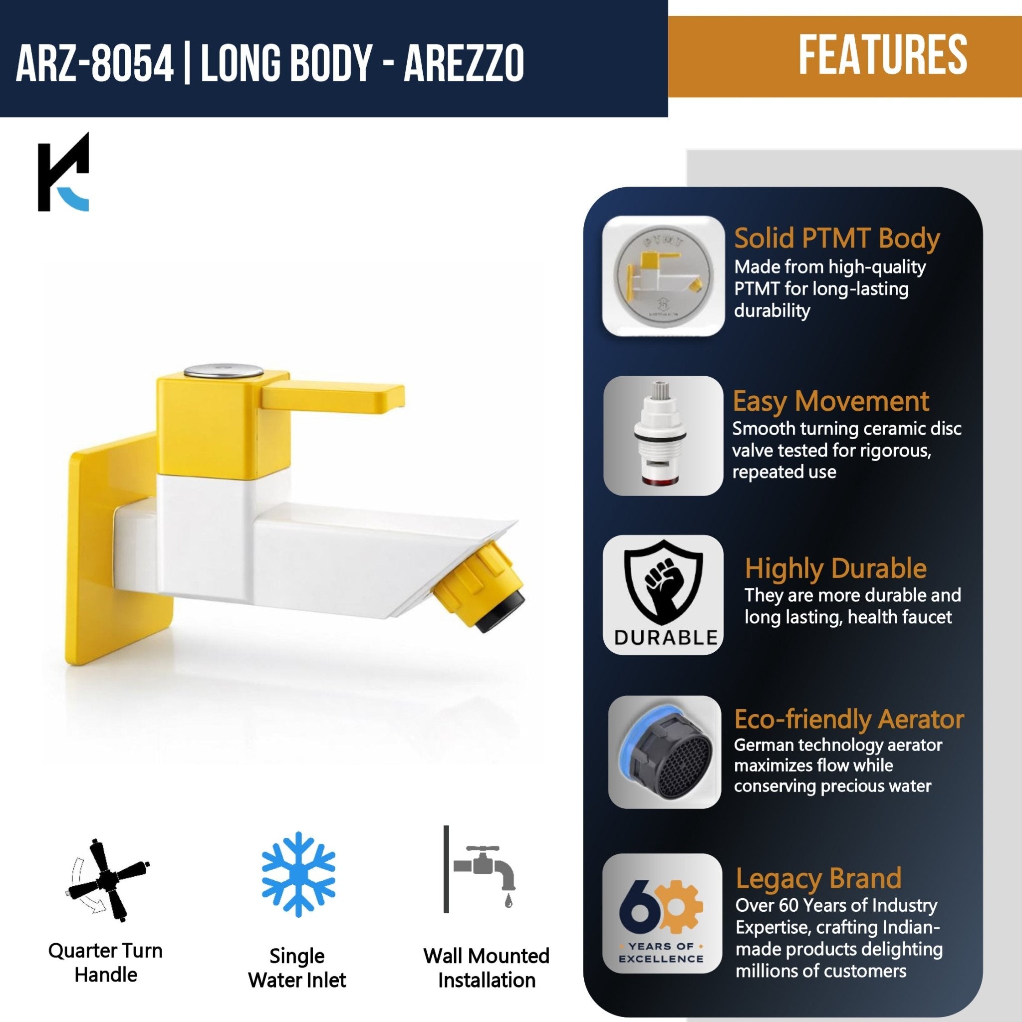 Arezzo Long Body Bib Tap (PTMT Plastic) - by Kamal - Arezzo - Kamal Bathware