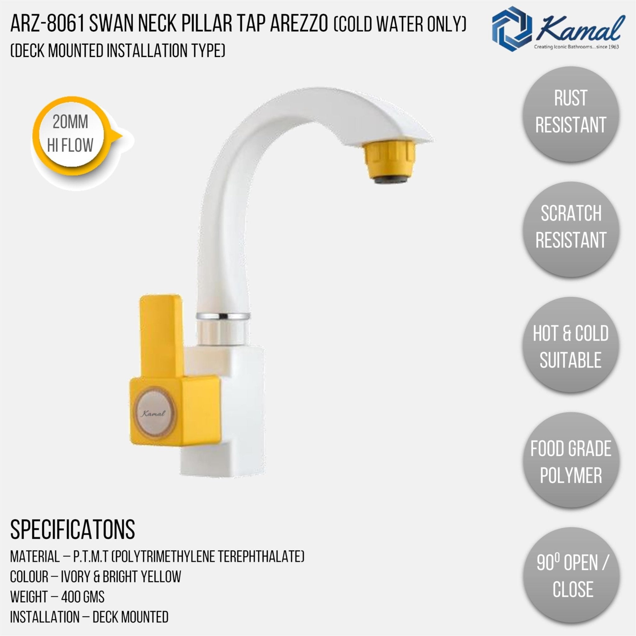 Arezzo Swan Neck Pillar Basin Tap (PTMT Plastic) - by Kamal - Kamal Bathware